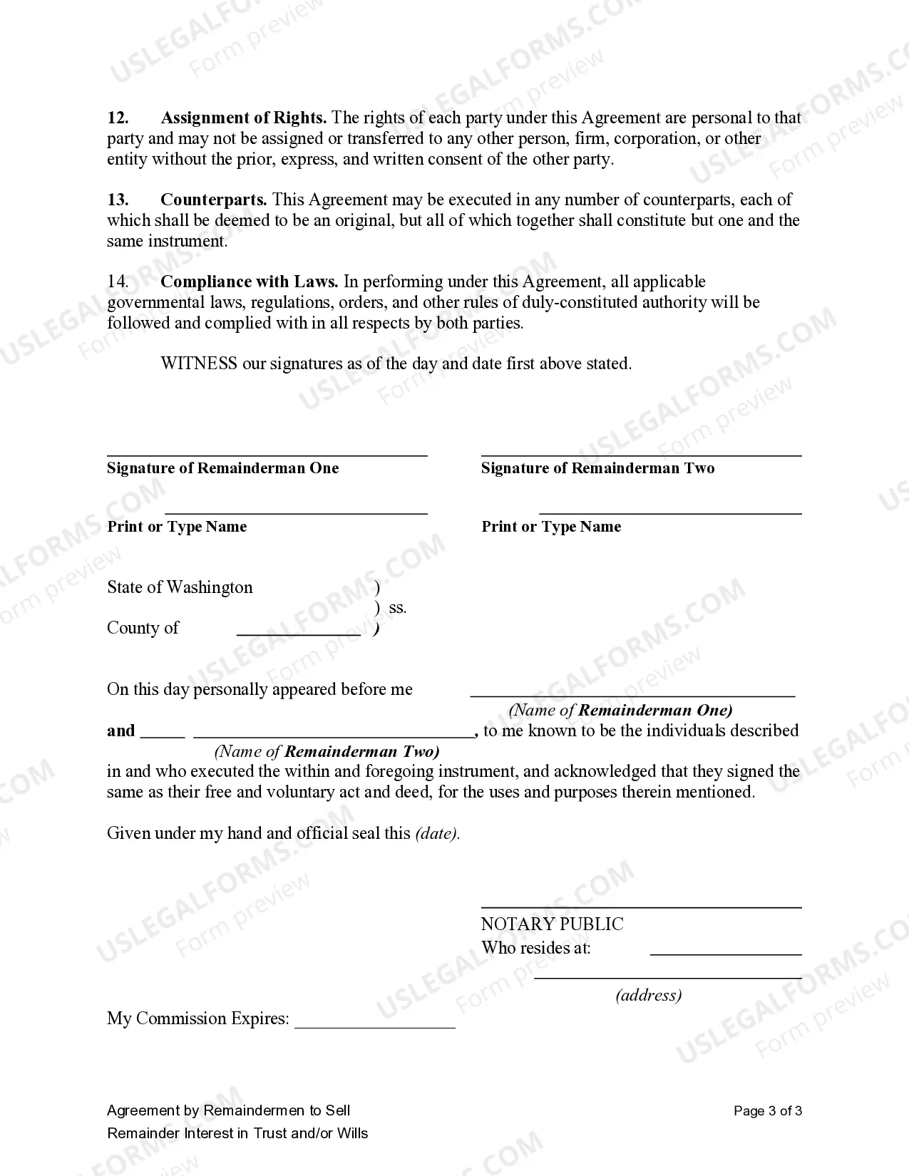 Preview Agreement by Remainderman to Sell Remainder Interest in Trust and/or Wills