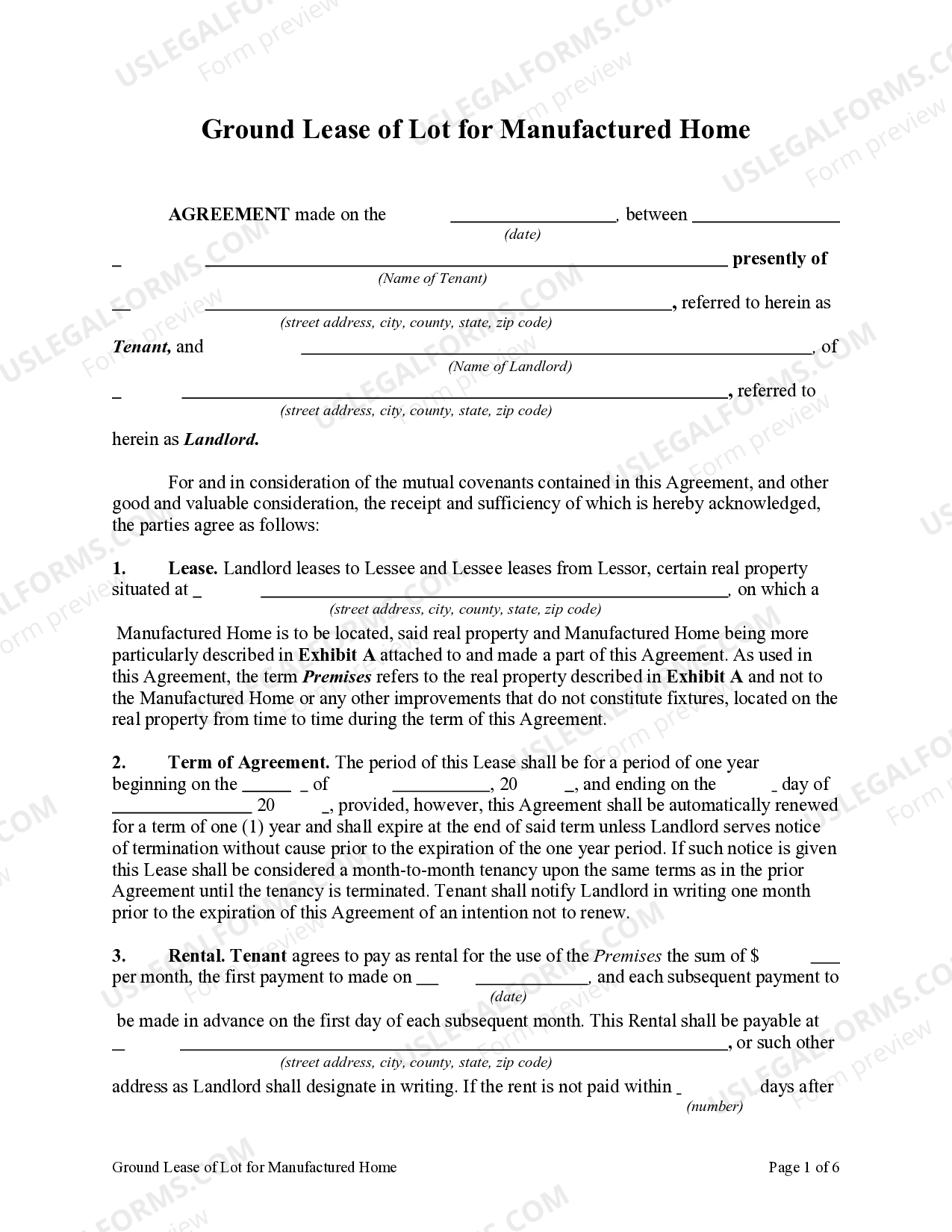 Washington Ground Lease of Lot for Manufactured Home Land Lease