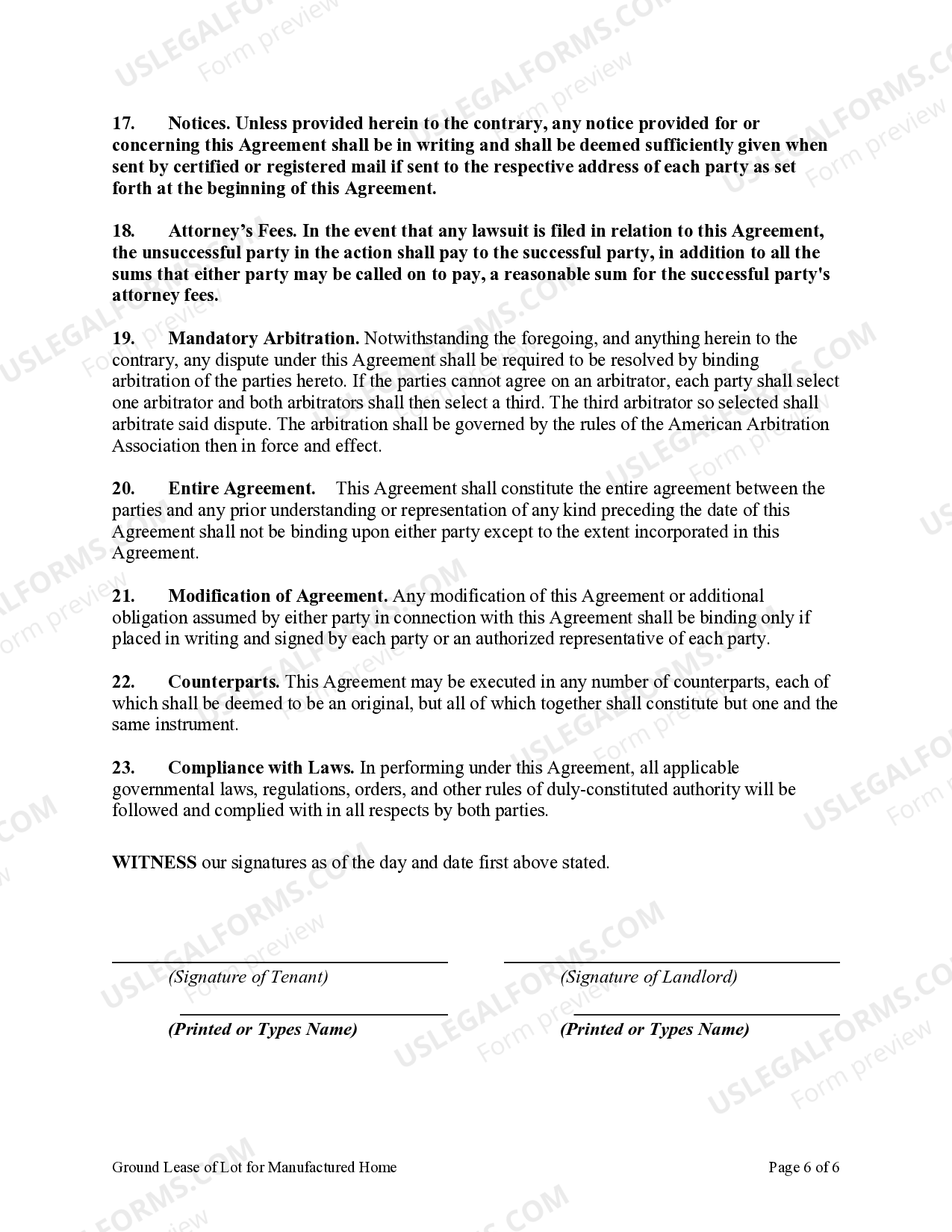 Washington Ground Lease of Lot for Manufactured Home Land Lease