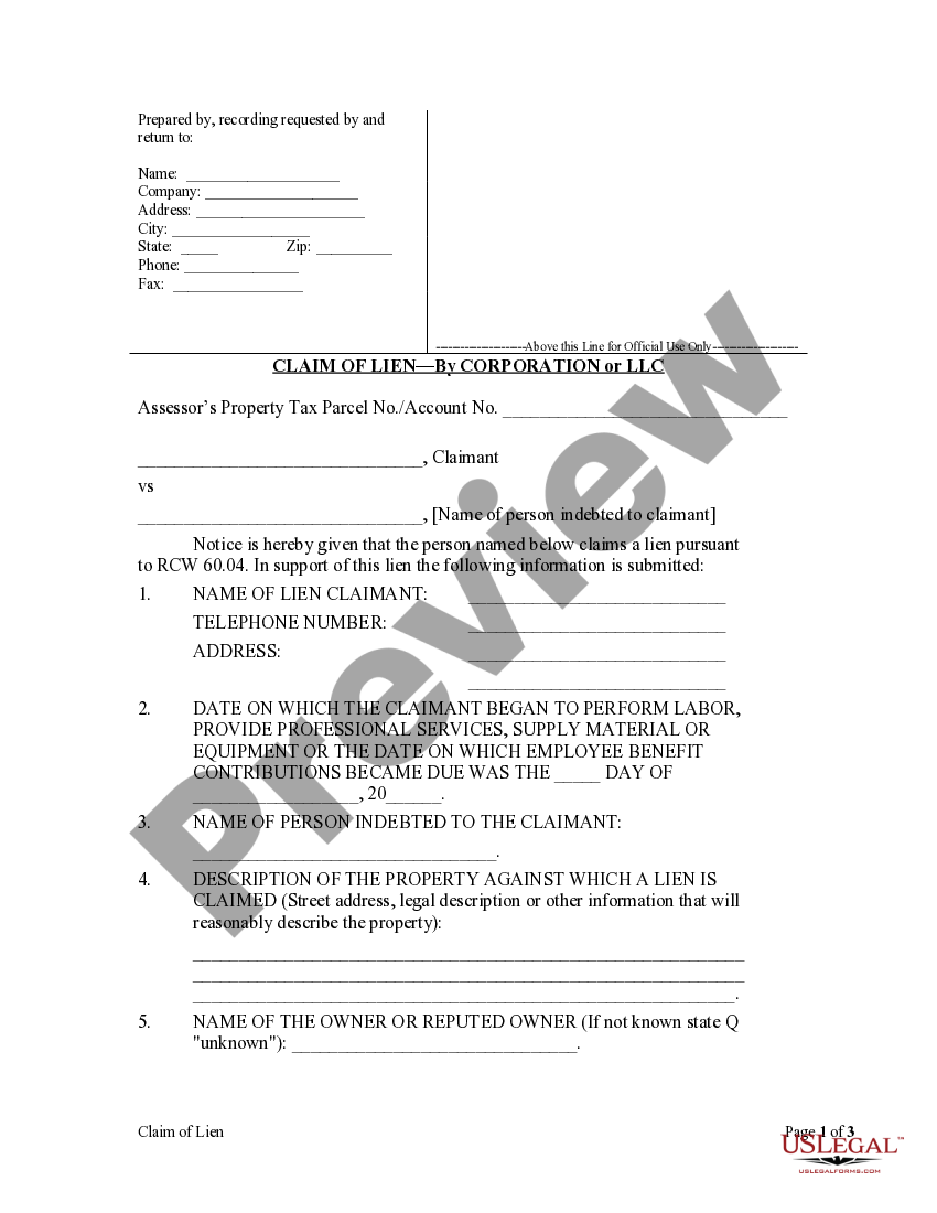 Washington Claim of Lien Mechanics Liens Washington Claim File US