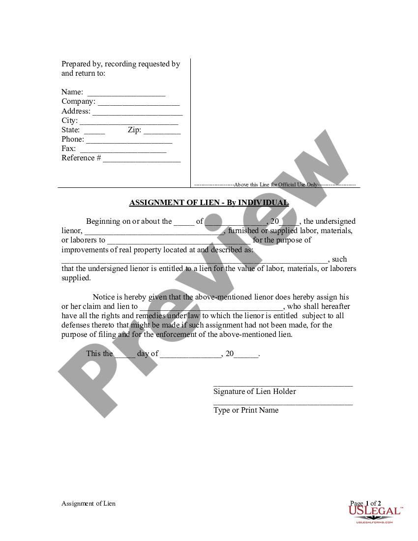 Washington Assignment Of Lien Individual Us Legal Forms 6544