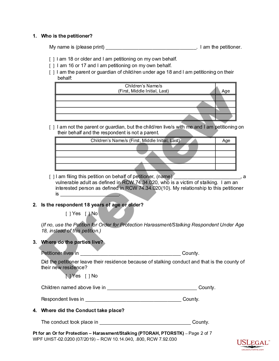 page 1 WPF UH-02.0200 - Petition For An Order For Protection - PTORAH preview