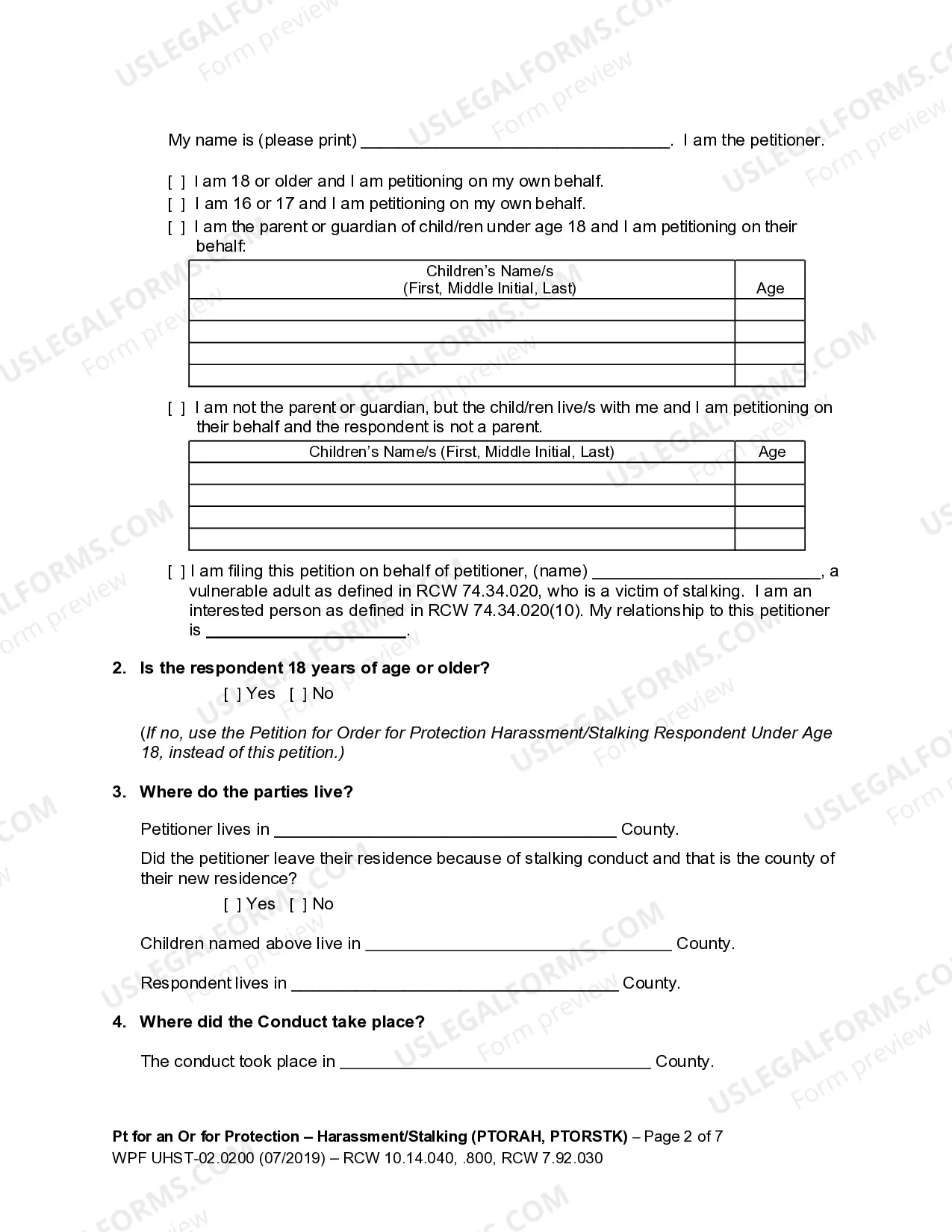 Preview WPF UH-02.0200 - Petition For An Order For Protection - PTORAH