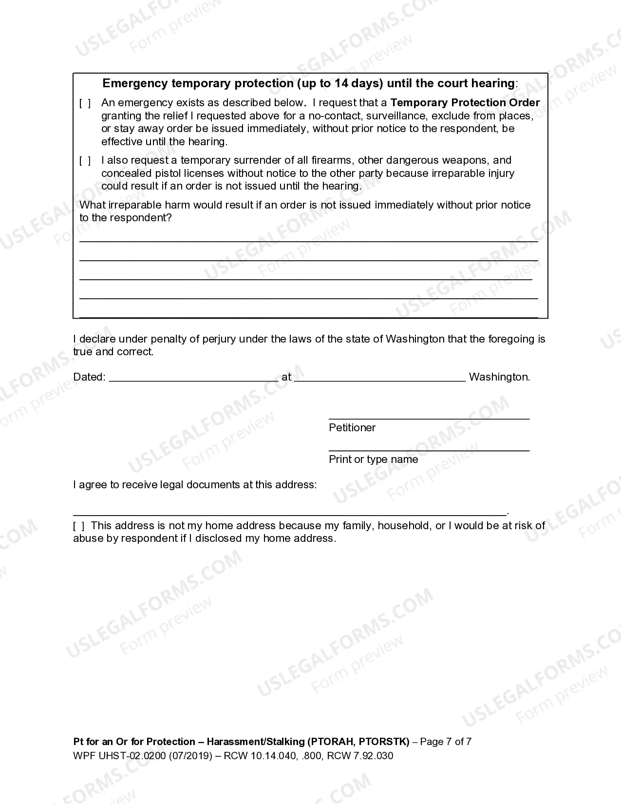 Preview WPF UH-02.0200 - Petition For An Order For Protection - PTORAH
