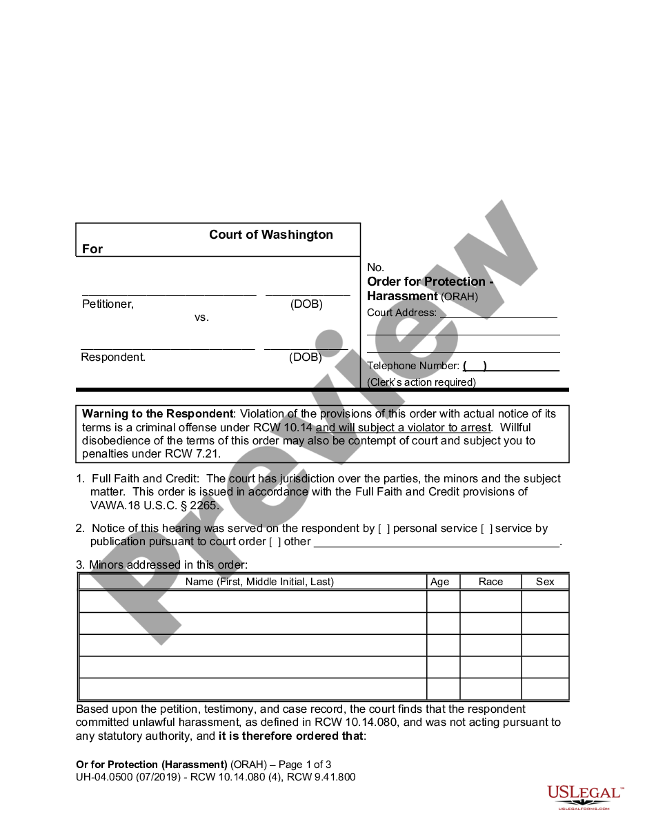 page 0 WPF UH-04.0500 - Order for Protection from Unlawful Civil Harassment - ORAH preview