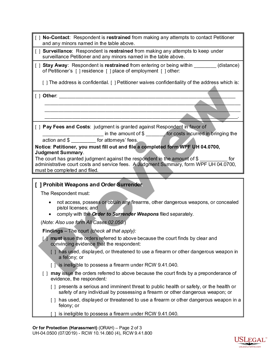 form WPF UH-04.0500 - Order for Protection from Unlawful Civil Harassment - ORAH preview
