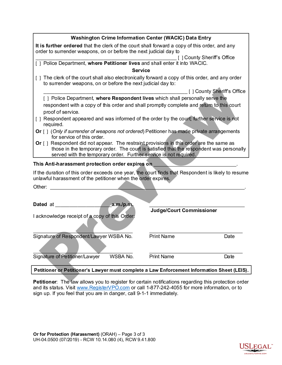 form WPF UH-04.0500 - Order for Protection from Unlawful Civil Harassment - ORAH preview