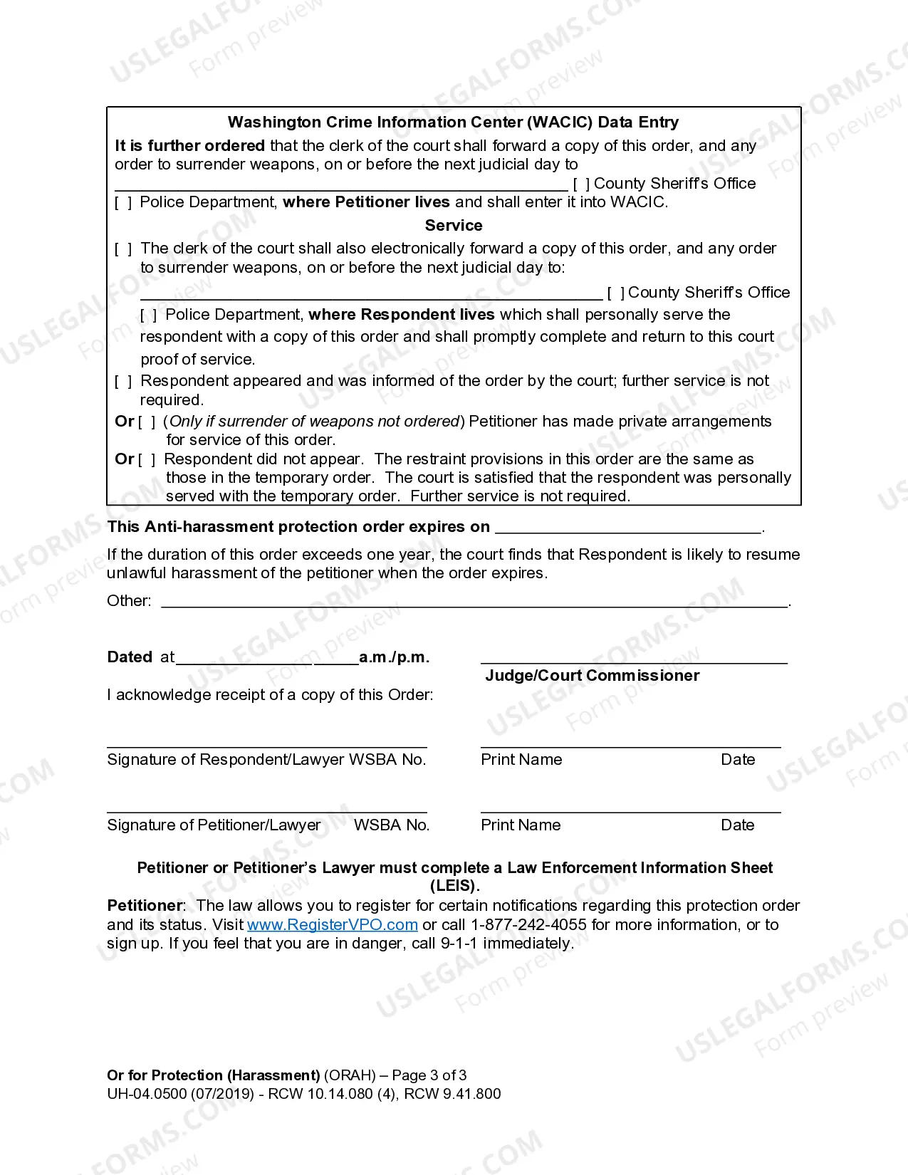 Preview WPF UH-04.0500 - Order for Protection from Unlawful Civil Harassment - ORAH