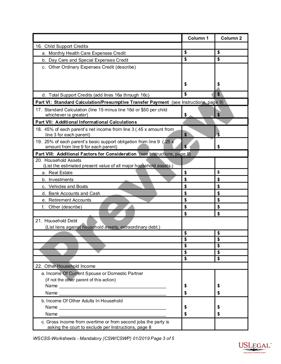 form Child Support Worksheet preview