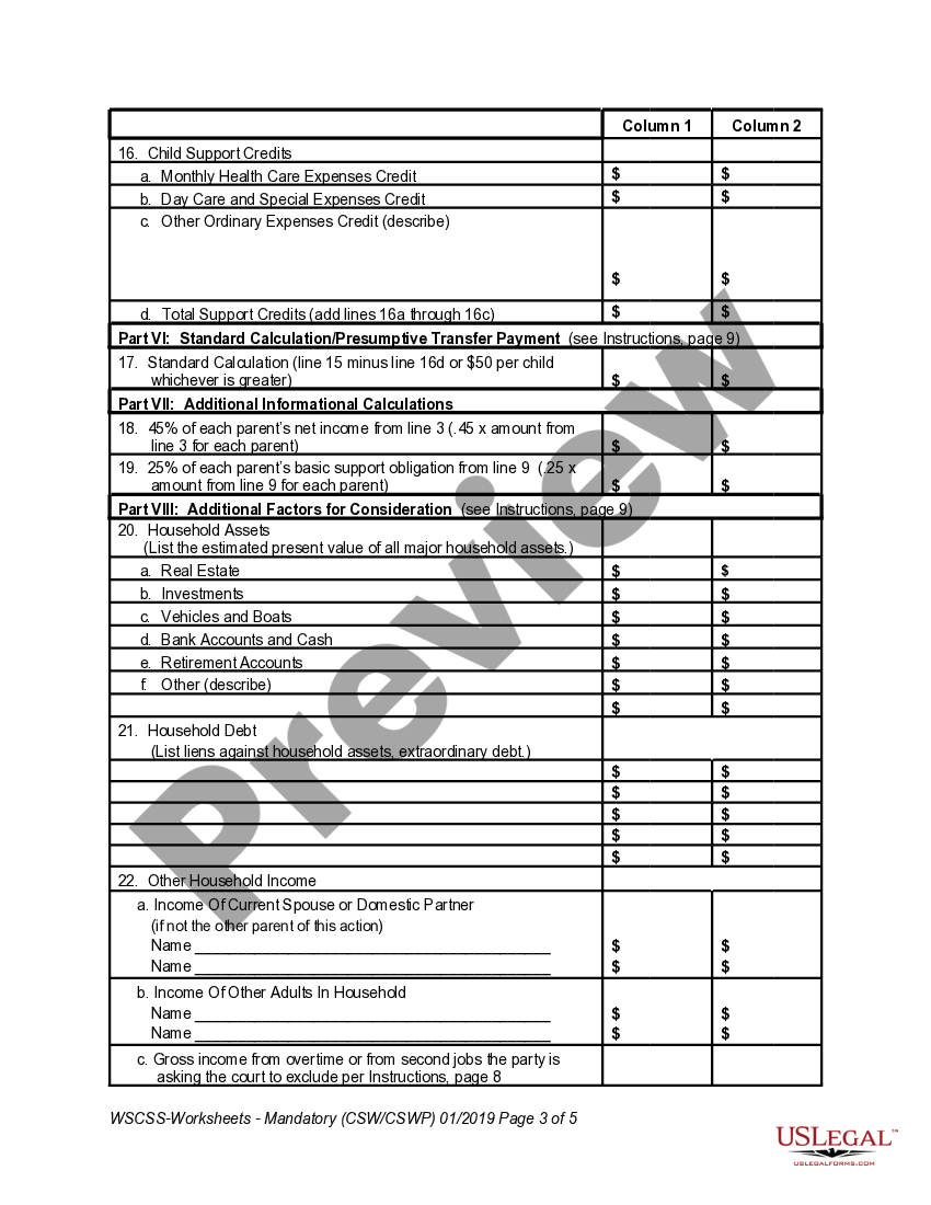 Instructions For Washington State Child Support Worksheet US Legal Forms