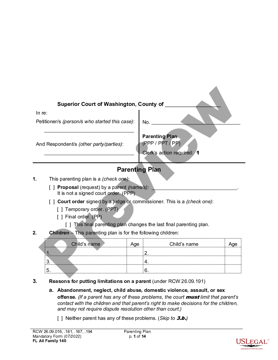 form WPF DR 01.0400 - Parenting Plan - Proposed - PPP, Temporary - PPT, Final Order - PP preview