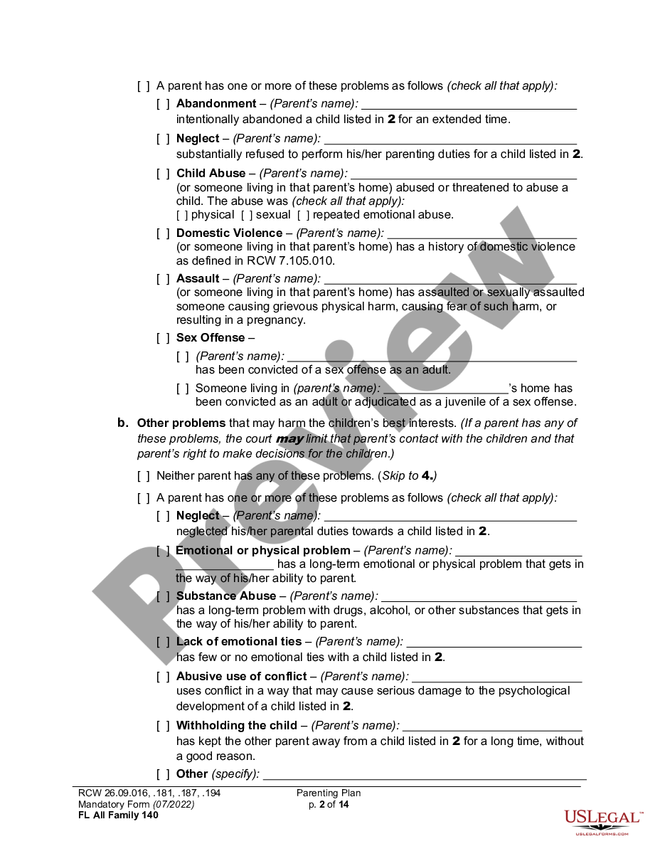 page 1 WPF DR 01.0400 - Parenting Plan - Proposed - PPP, Temporary - PPT, Final Order - PP preview
