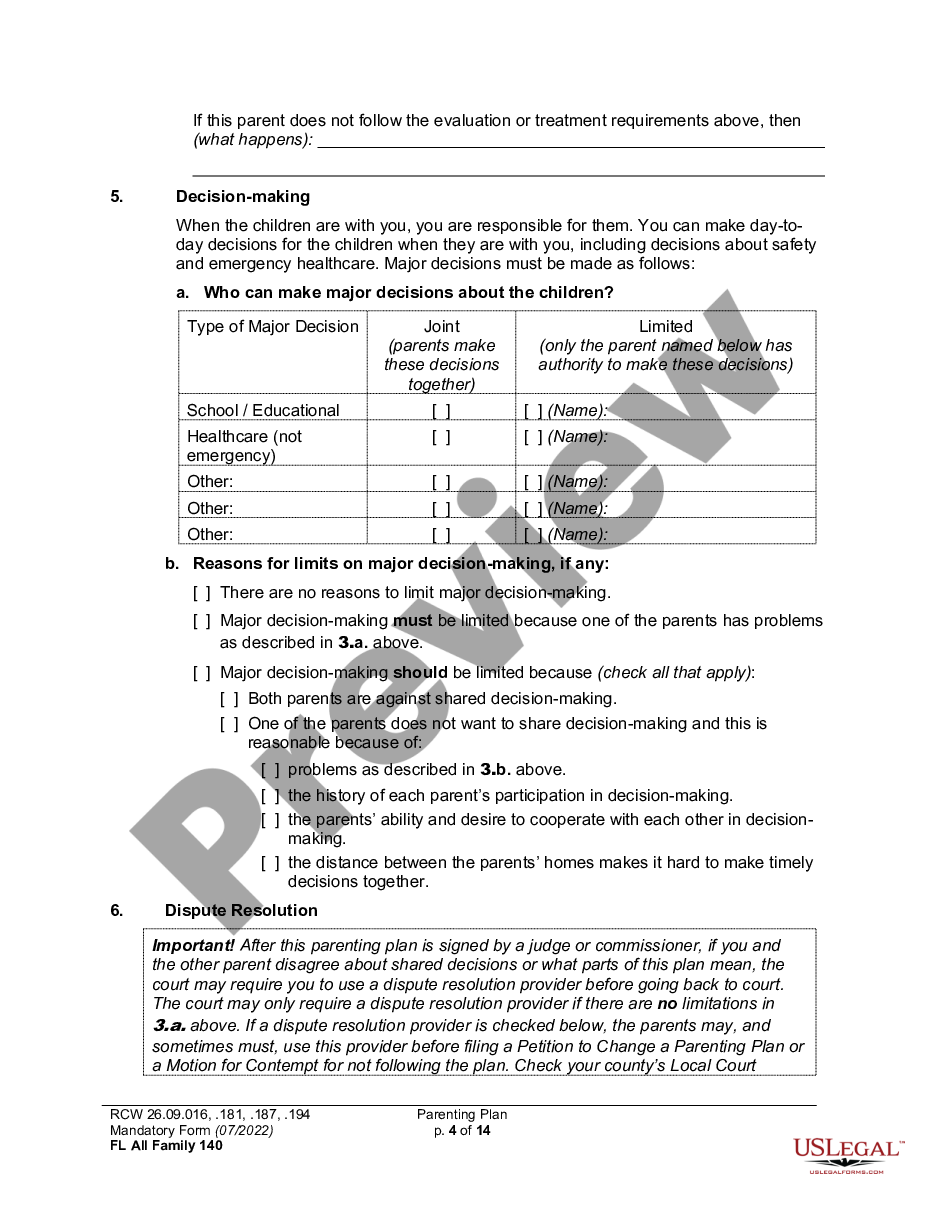 form WPF DR 01.0400 - Parenting Plan - Proposed - PPP, Temporary - PPT, Final Order - PP preview