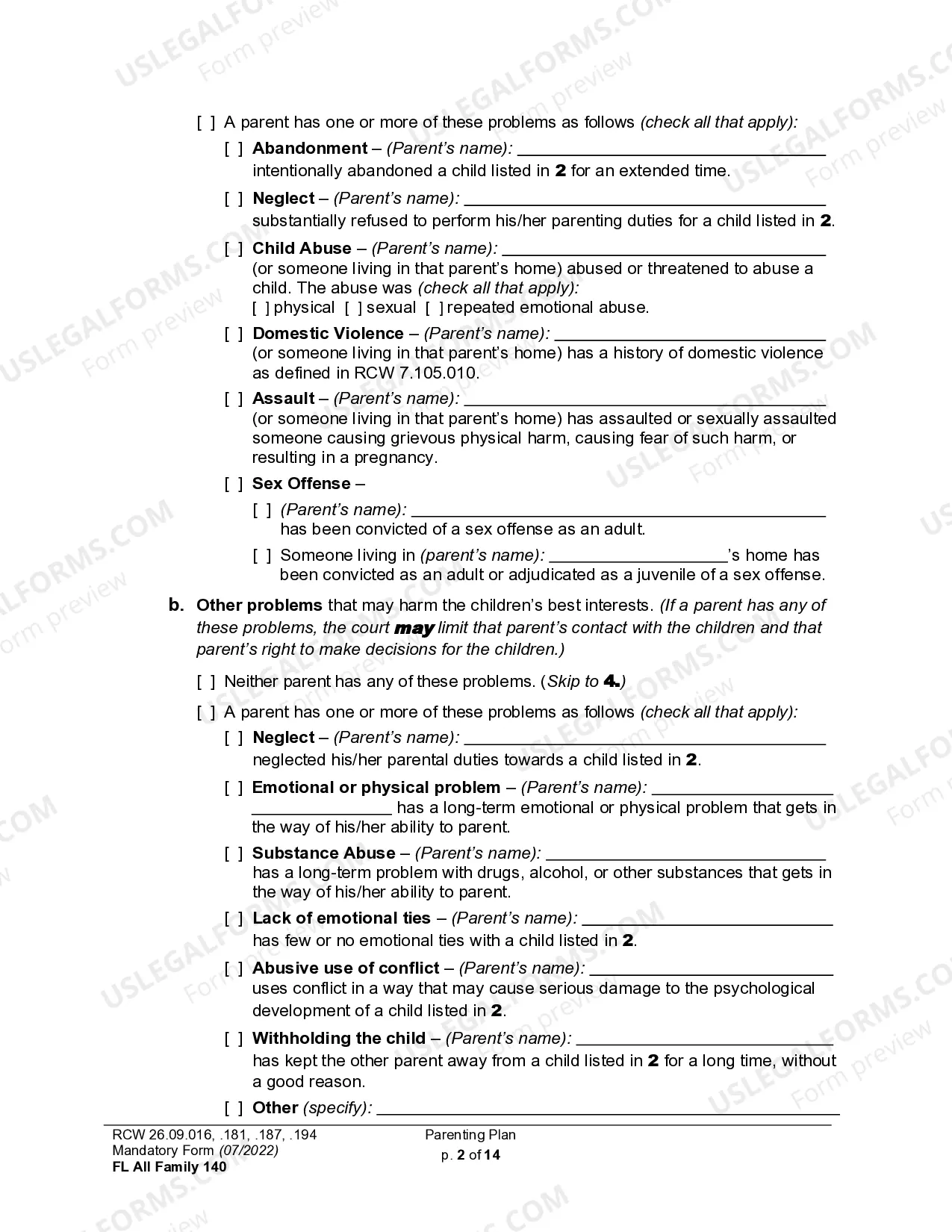 Preview WPF DR 01.0400 - Parenting Plan - Proposed - PPP, Temporary - PPT, Final Order - PP