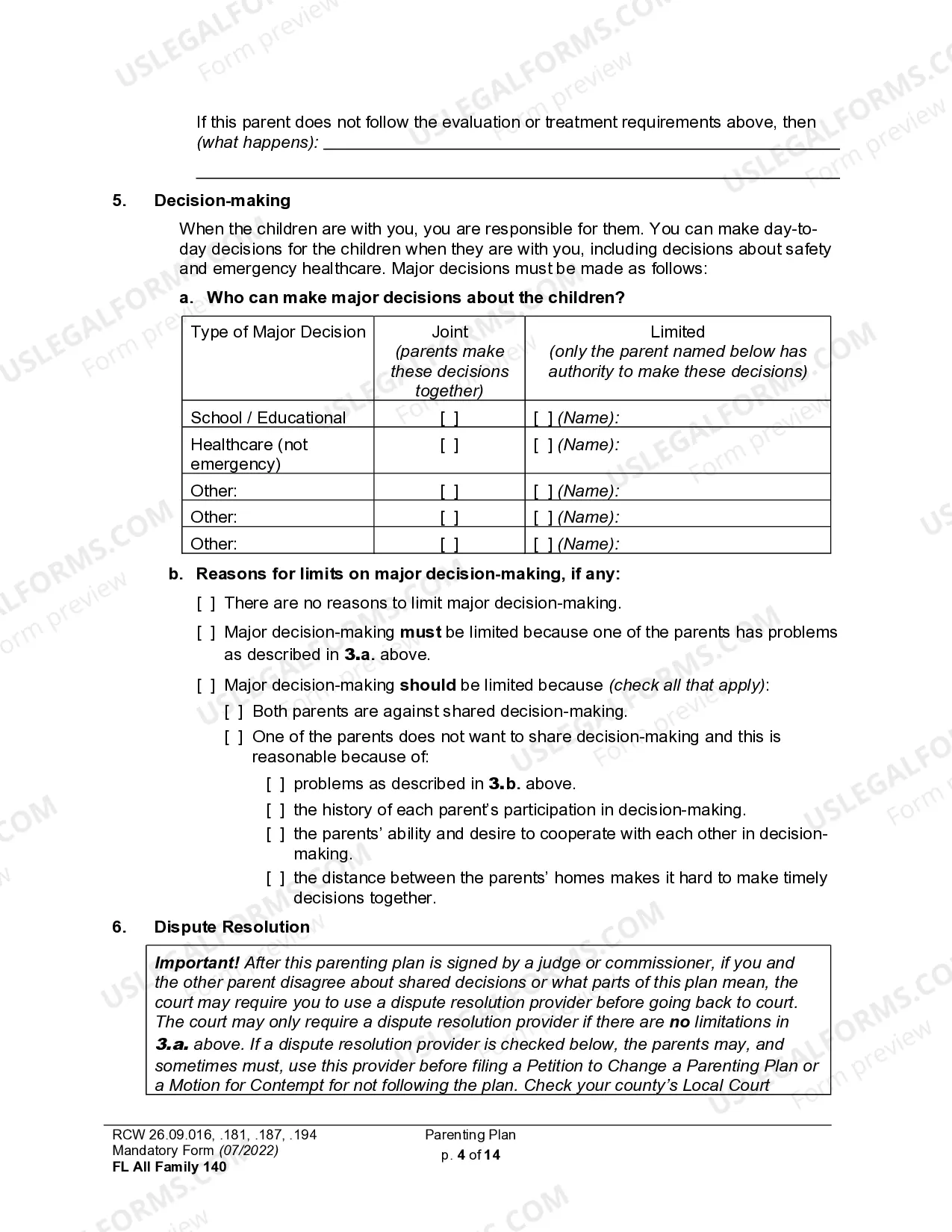 Preview WPF DR 01.0400 - Parenting Plan - Proposed - PPP, Temporary - PPT, Final Order - PP