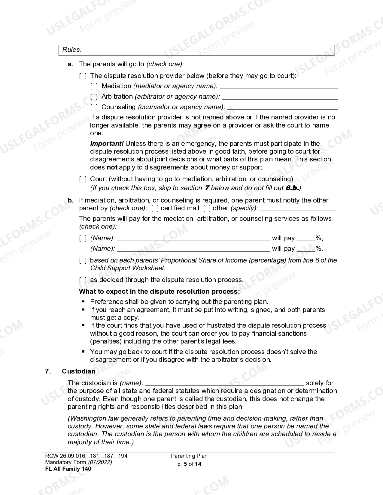 Preview WPF DR 01.0400 - Parenting Plan - Proposed - PPP, Temporary - PPT, Final Order - PP