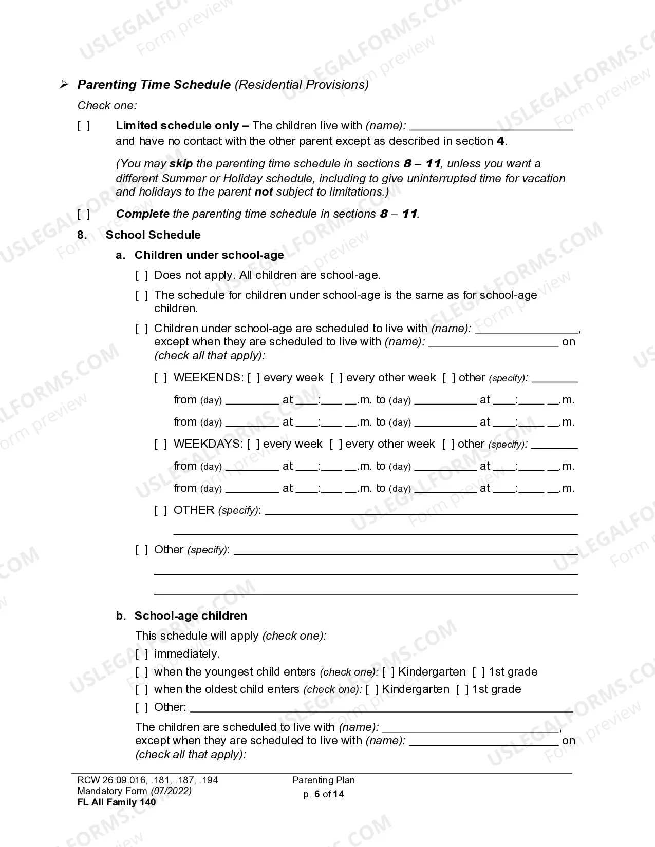 Preview WPF DR 01.0400 - Parenting Plan - Proposed - PPP, Temporary - PPT, Final Order - PP