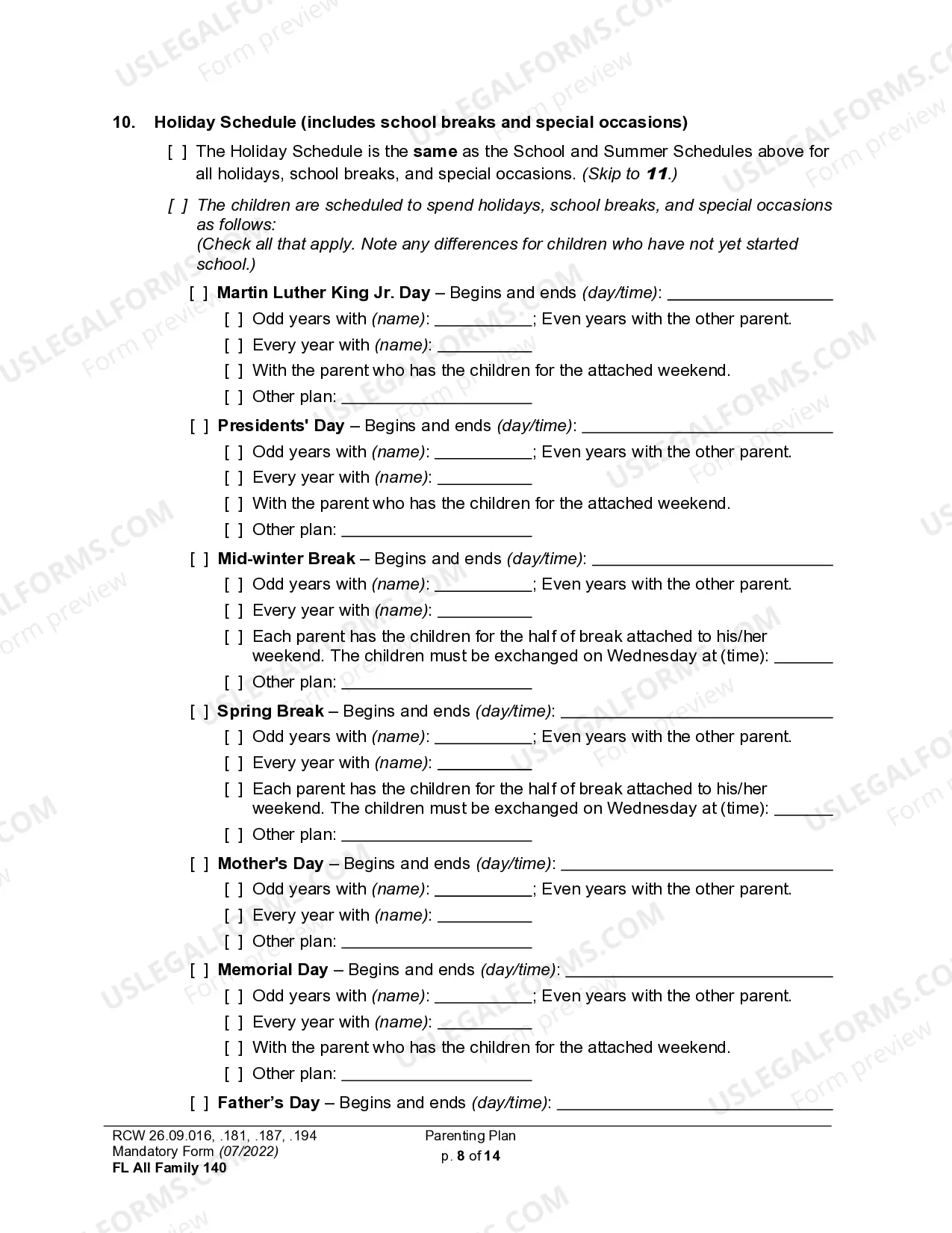 Preview WPF DR 01.0400 - Parenting Plan - Proposed - PPP, Temporary - PPT, Final Order - PP