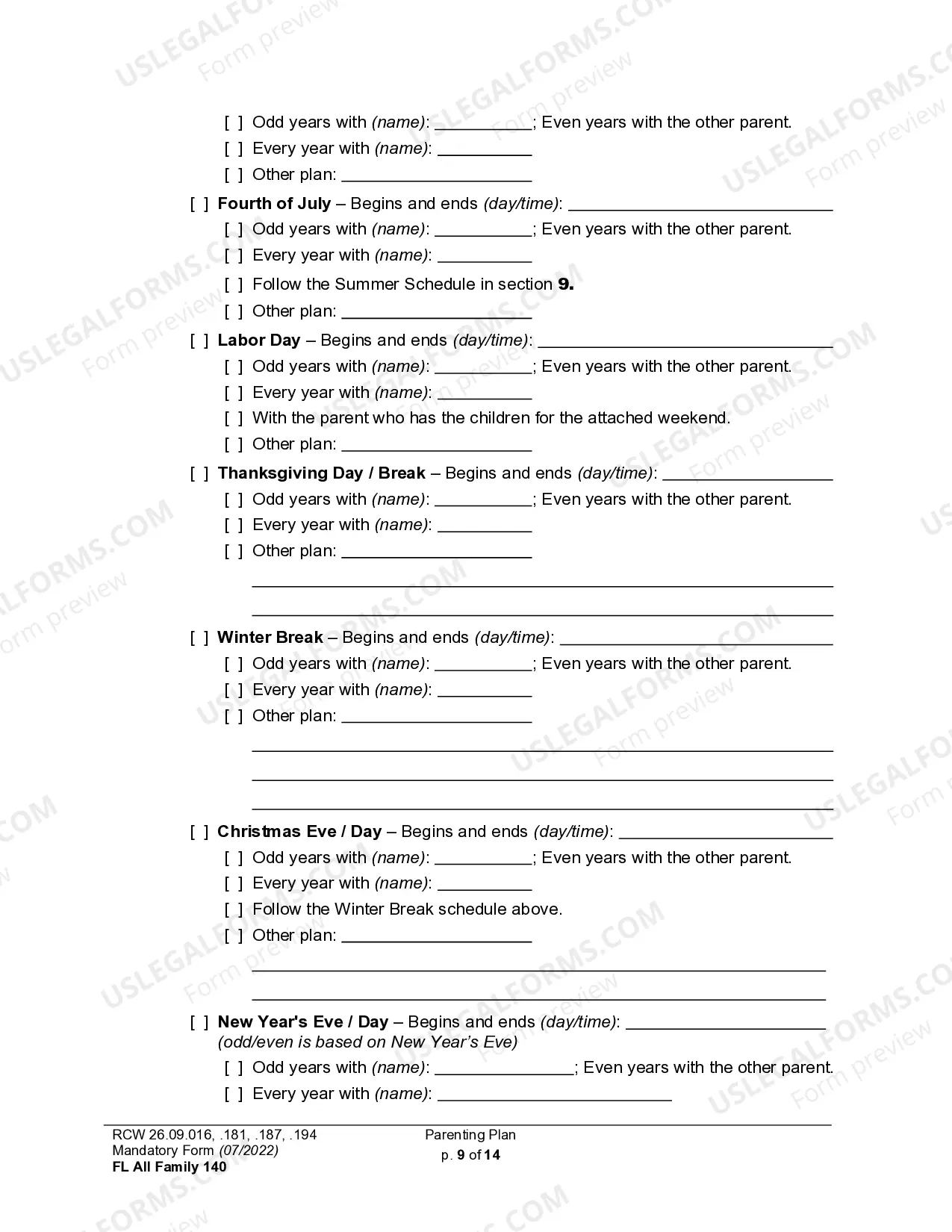 Preview WPF DR 01.0400 - Parenting Plan - Proposed - PPP, Temporary - PPT, Final Order - PP