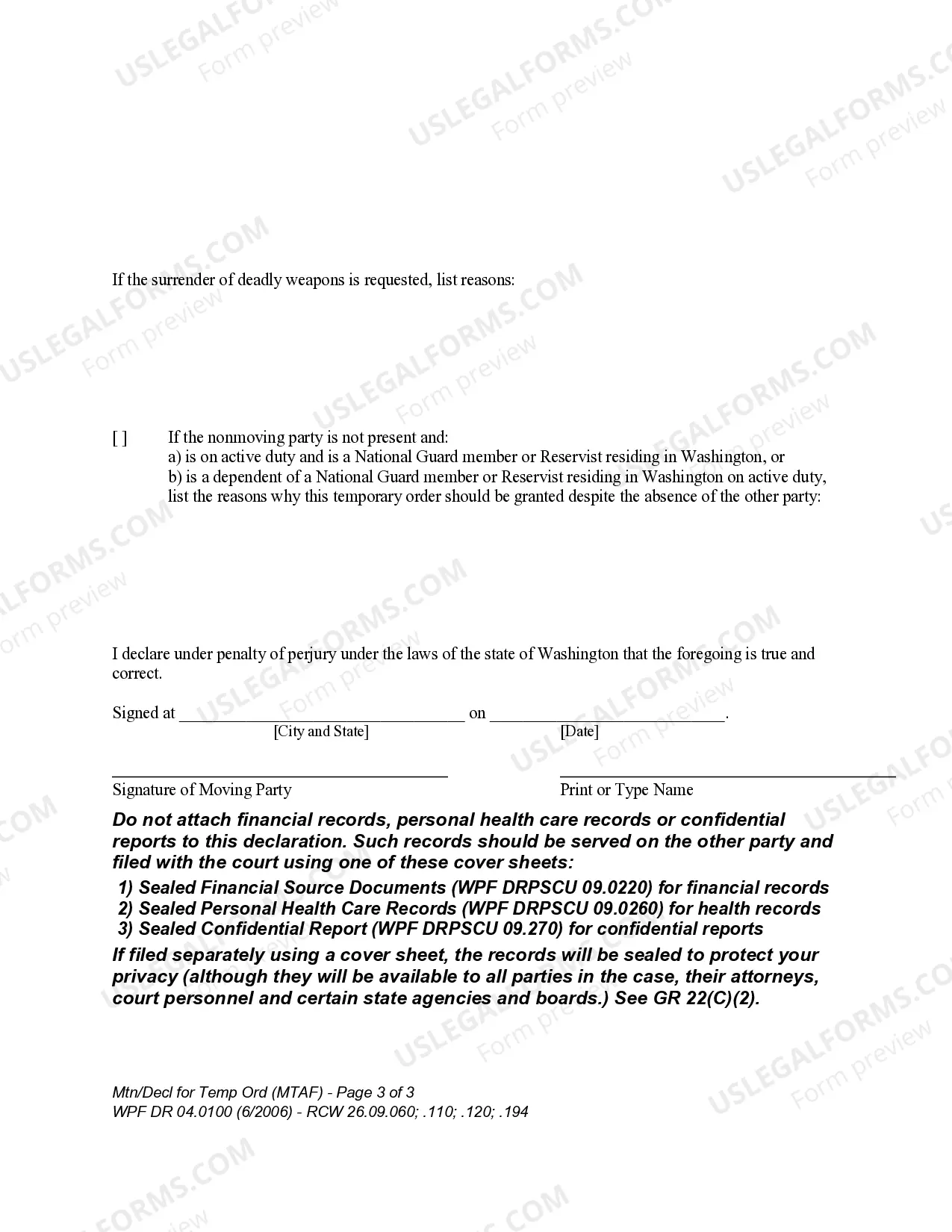 Preview WPF DR 04.0100 - Motion and Declaration for Temporary Order - MTAF