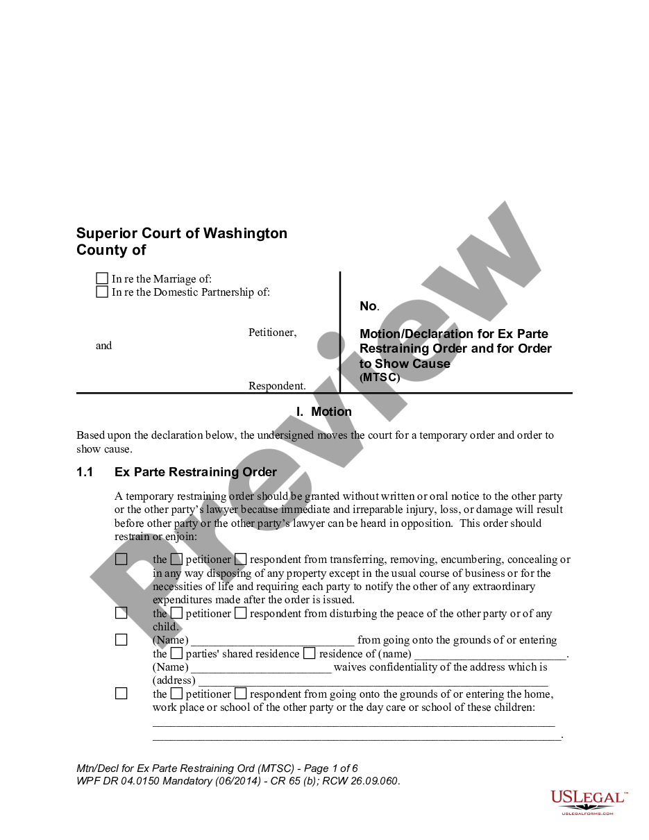 page 0 WPF DR 04.0150 - Motion - Declaration for Ex Parte Restraining Order and for Order to Show Cause - MTAF preview