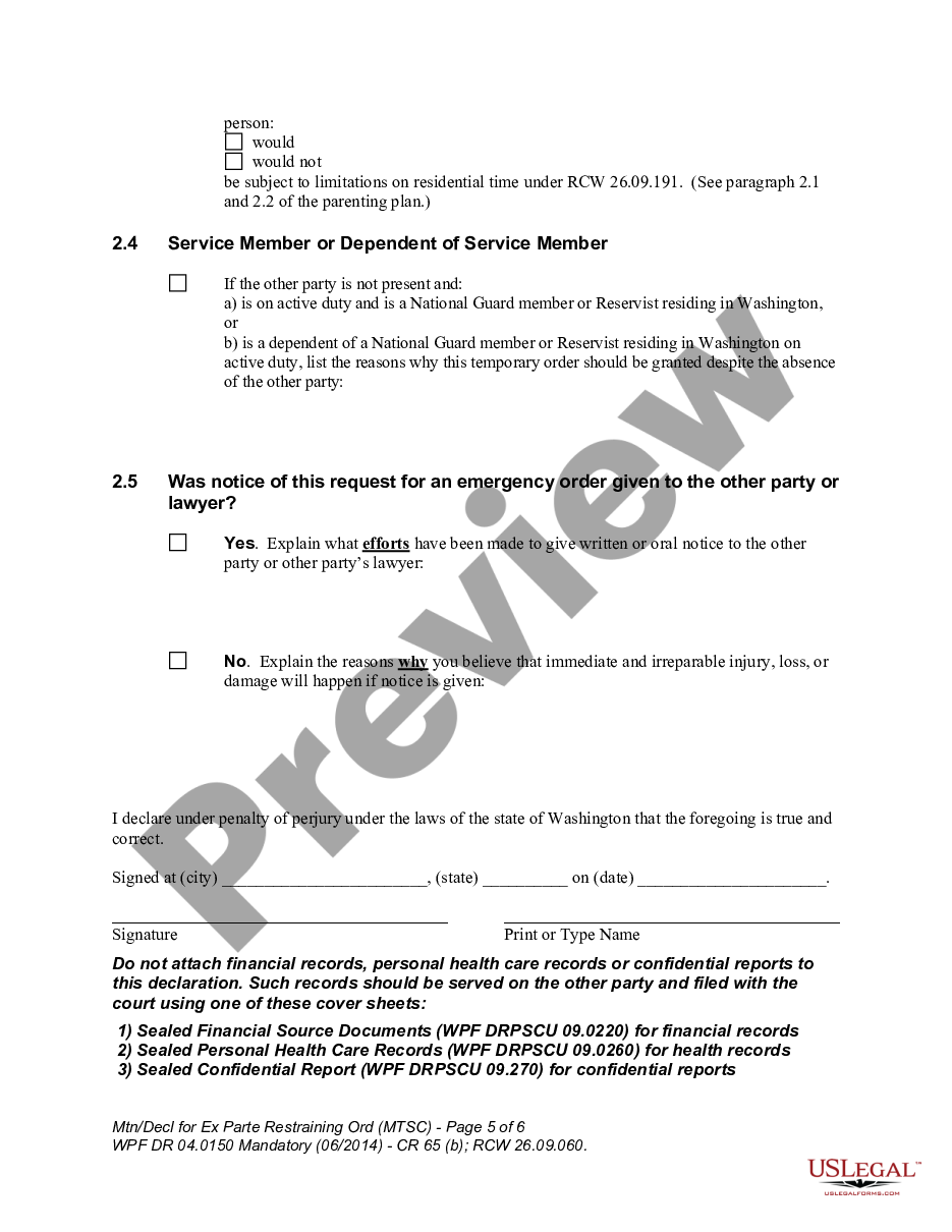 page 4 WPF DR 04.0150 - Motion - Declaration for Ex Parte Restraining Order and for Order to Show Cause - MTAF preview