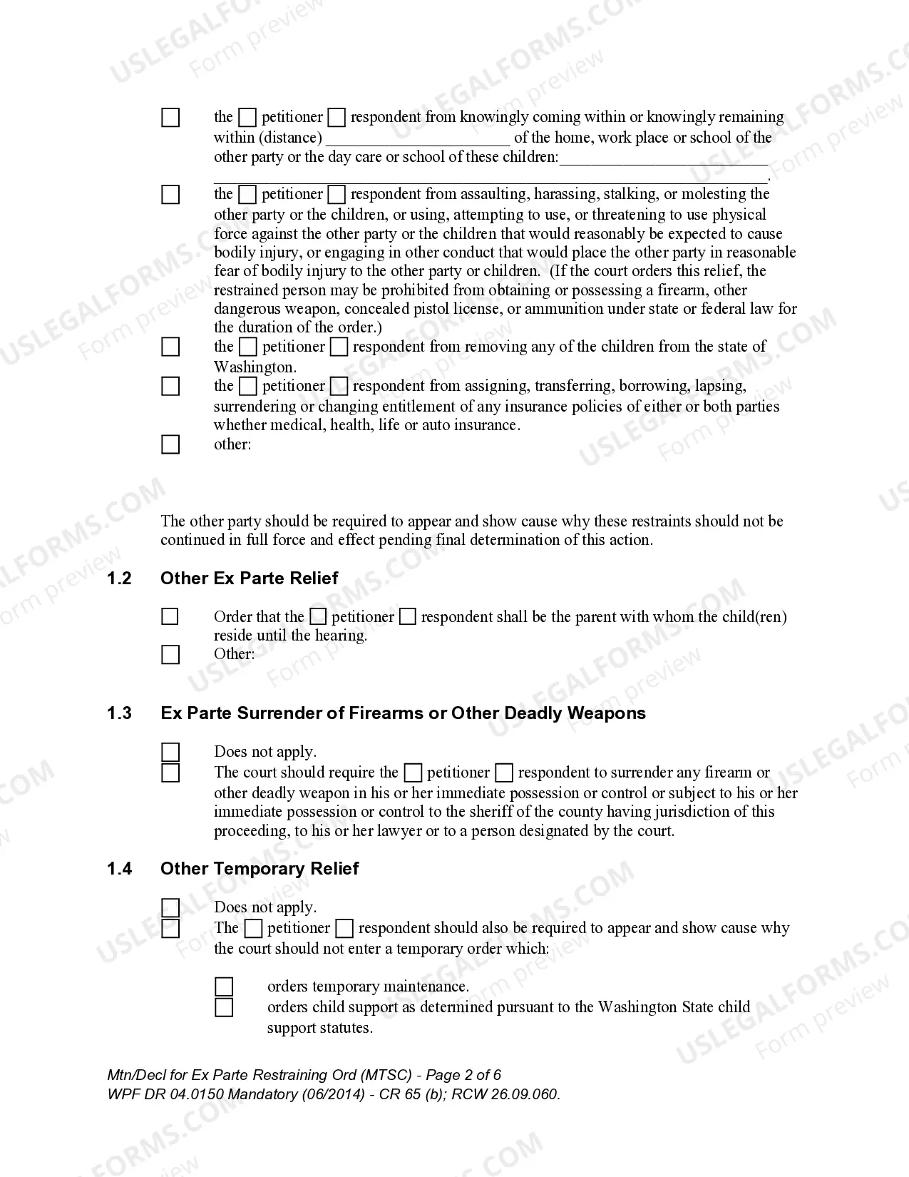 Preview WPF DR 04.0150 - Motion - Declaration for Ex Parte Restraining Order and for Order to Show Cause - MTAF
