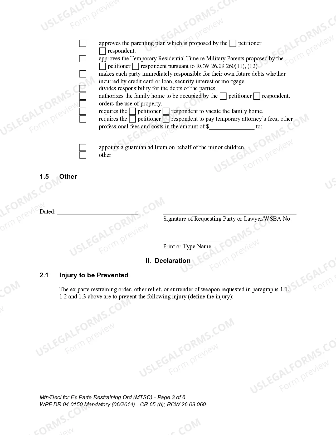 Preview WPF DR 04.0150 - Motion - Declaration for Ex Parte Restraining Order and for Order to Show Cause - MTAF