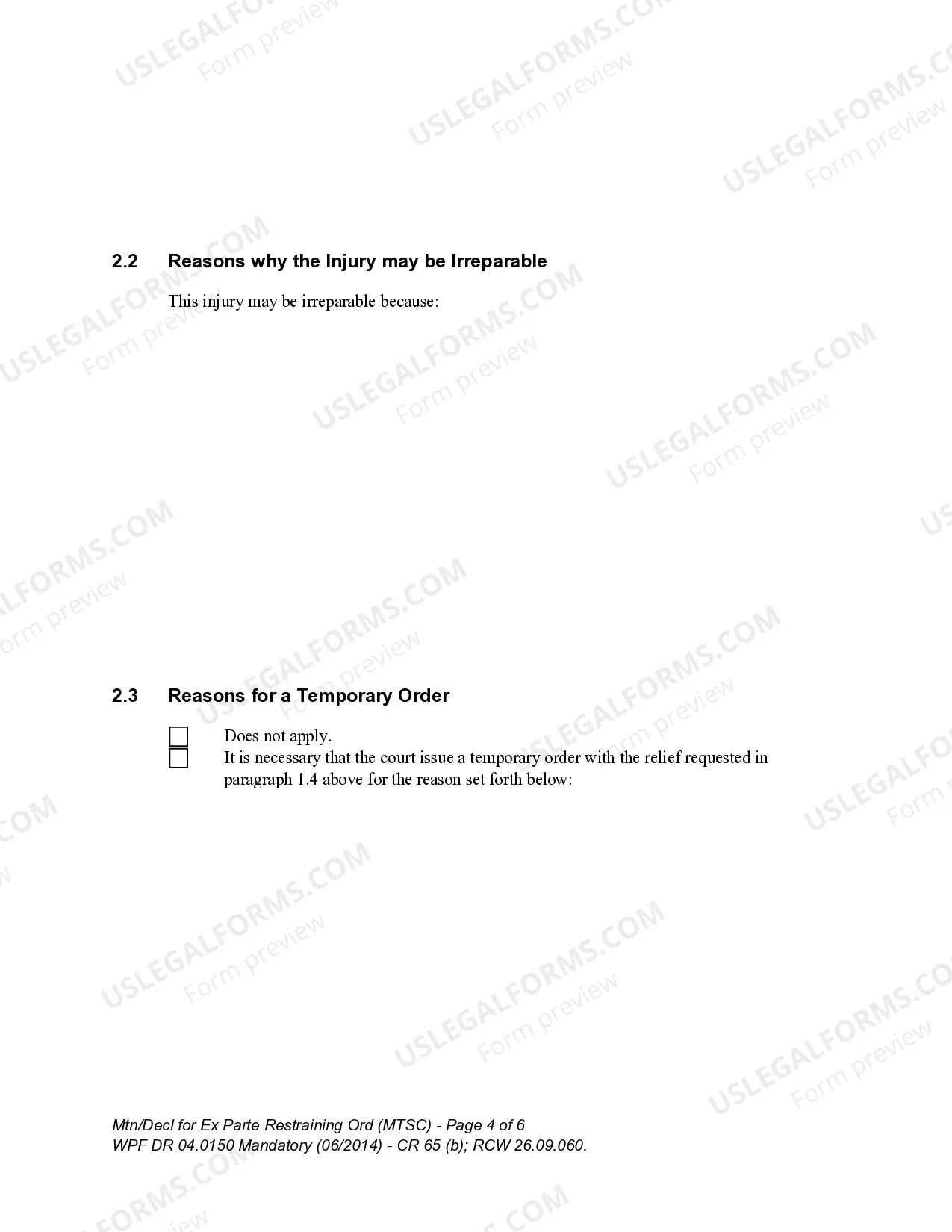Preview WPF DR 04.0150 - Motion - Declaration for Ex Parte Restraining Order and for Order to Show Cause - MTAF