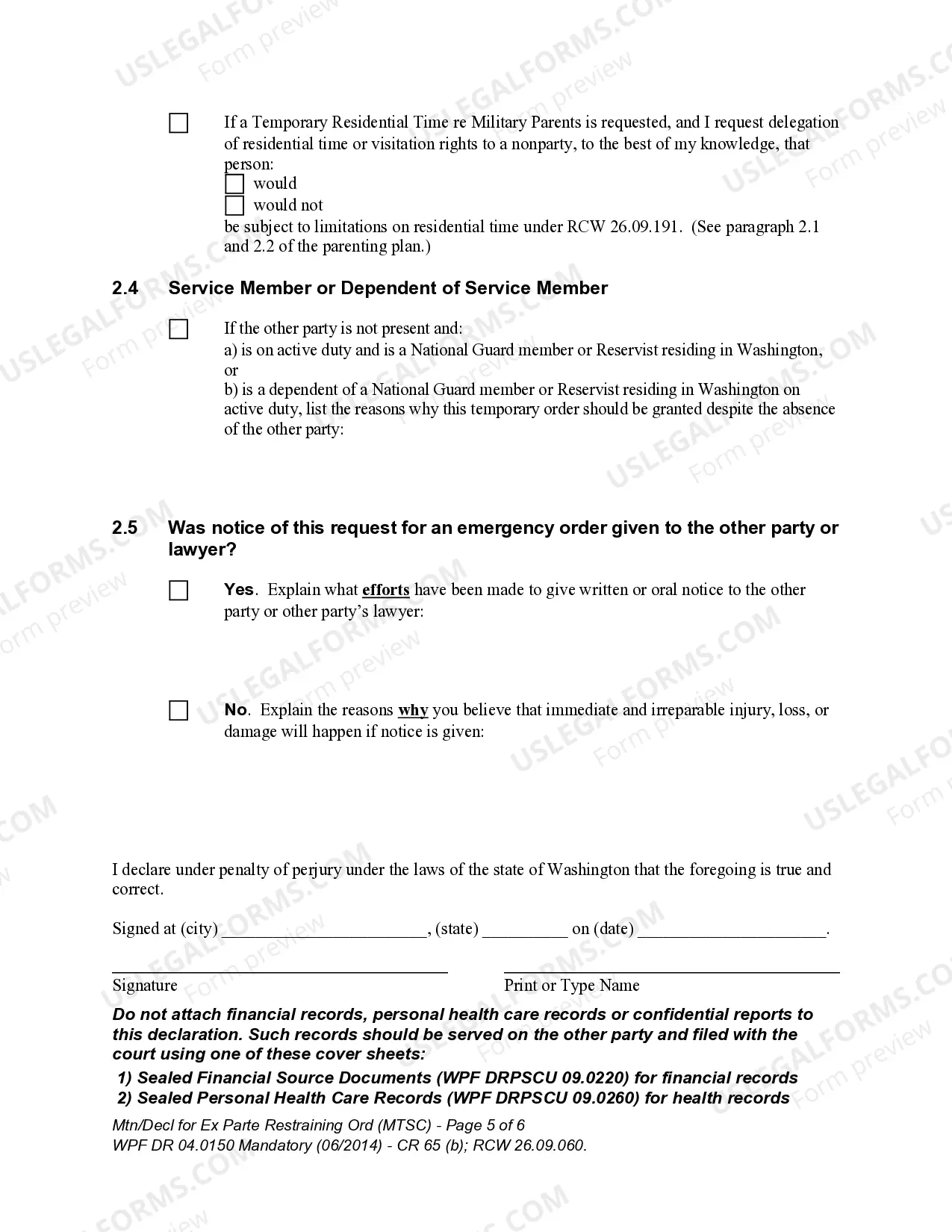 Preview WPF DR 04.0150 - Motion - Declaration for Ex Parte Restraining Order and for Order to Show Cause - MTAF