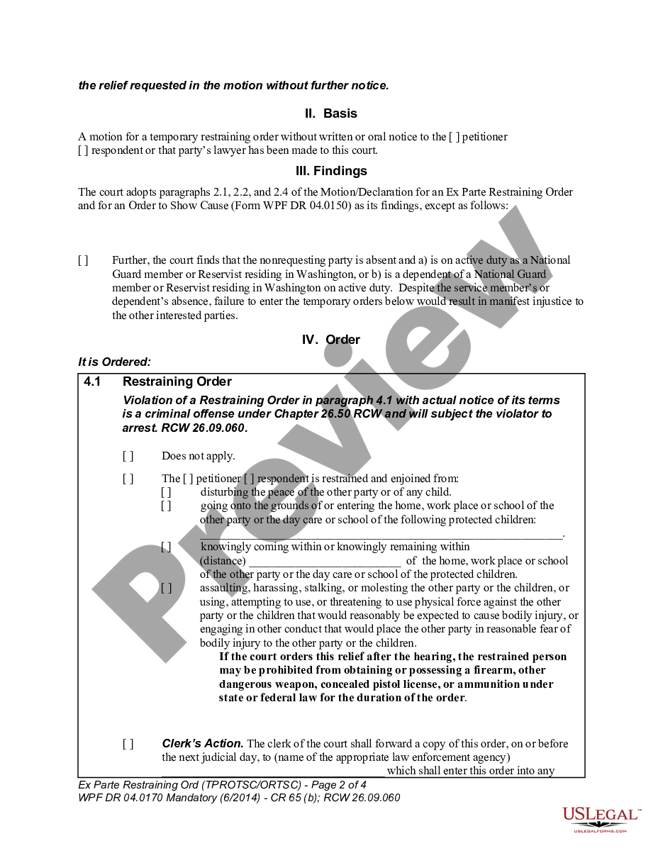 page 1 WPF DR 04.0170 - Ex Parte Restraining Order - Order to Show Cause - TPROTSC preview