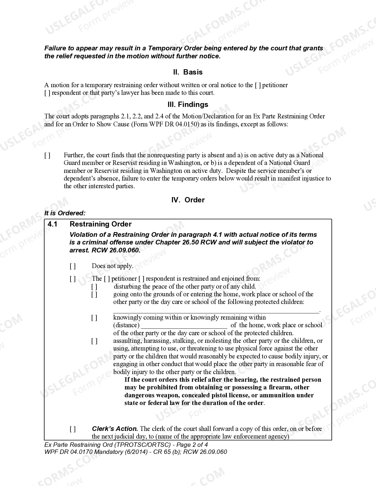 Preview WPF DR 04.0170 - Ex Parte Restraining Order - Order to Show Cause - TPROTSC