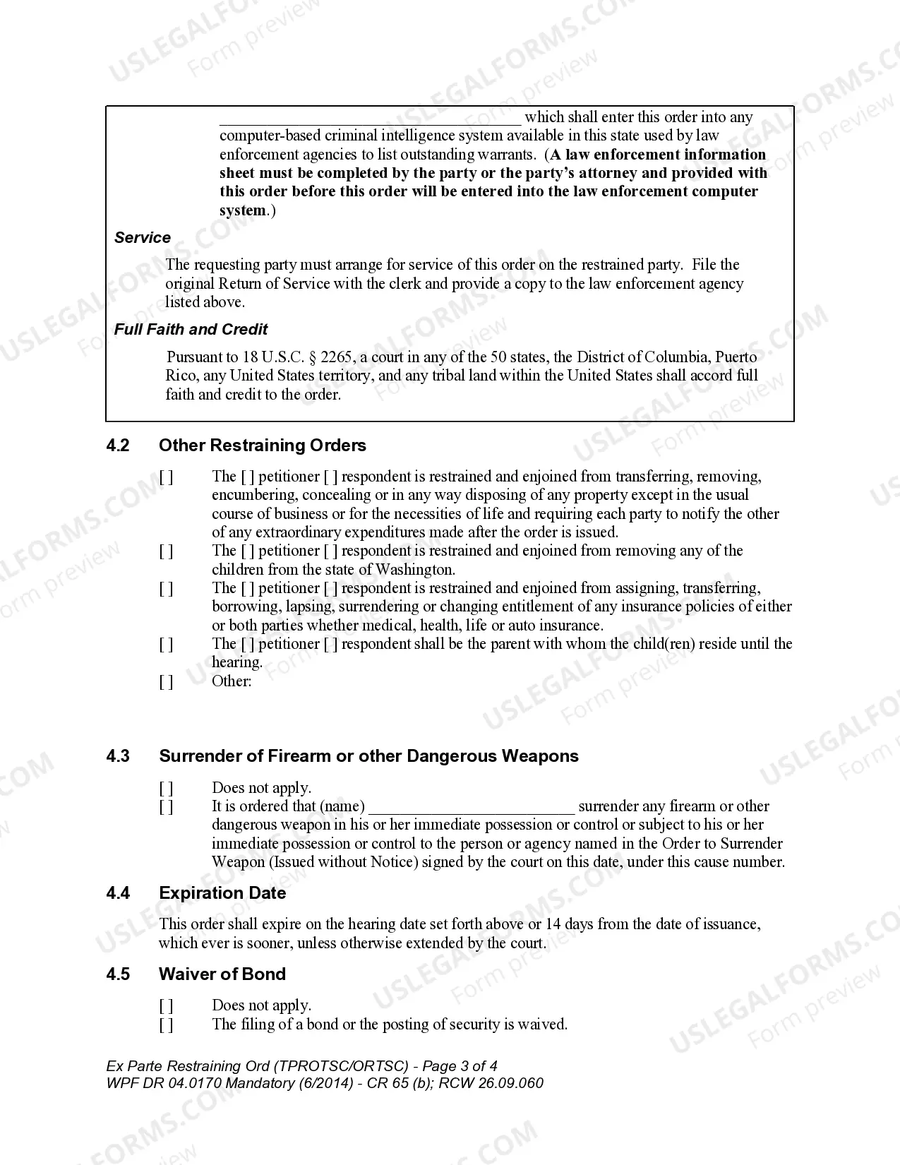 Preview WPF DR 04.0170 - Ex Parte Restraining Order - Order to Show Cause - TPROTSC