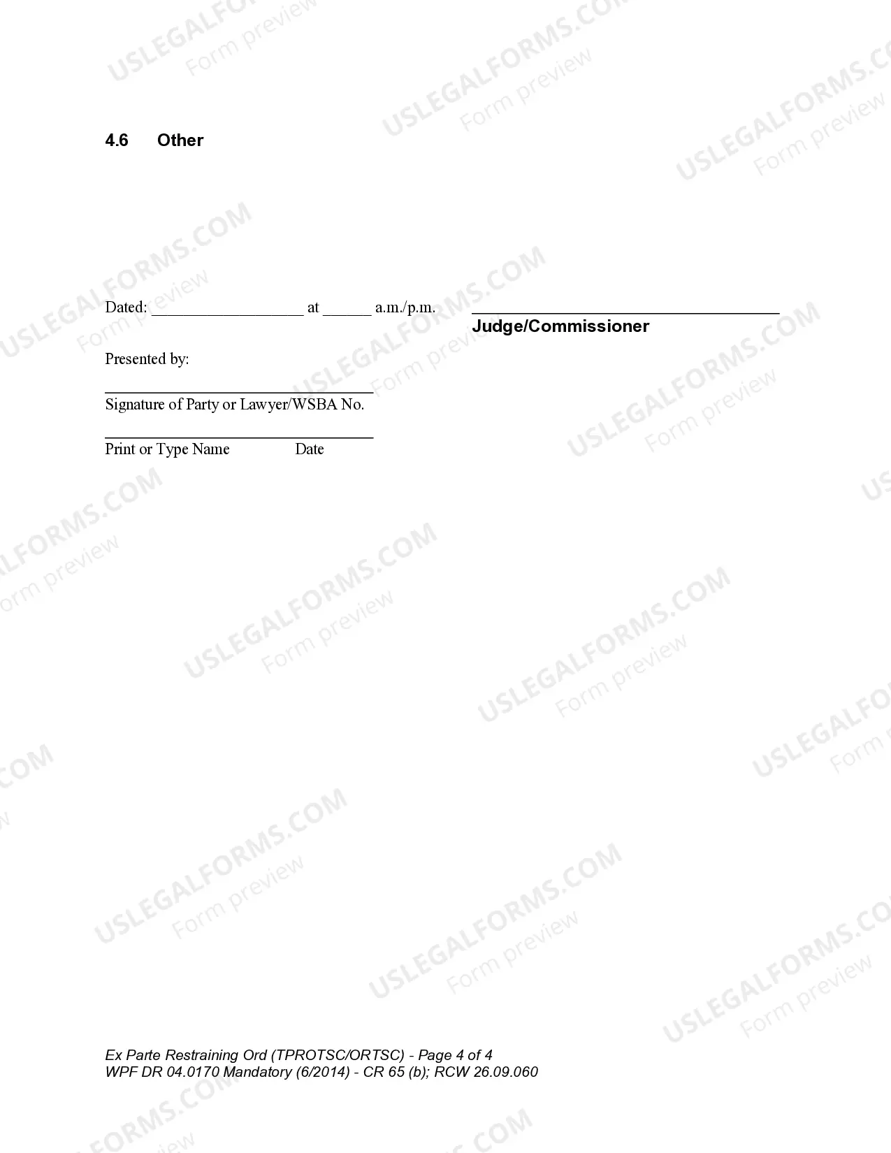 Preview WPF DR 04.0170 - Ex Parte Restraining Order - Order to Show Cause - TPROTSC