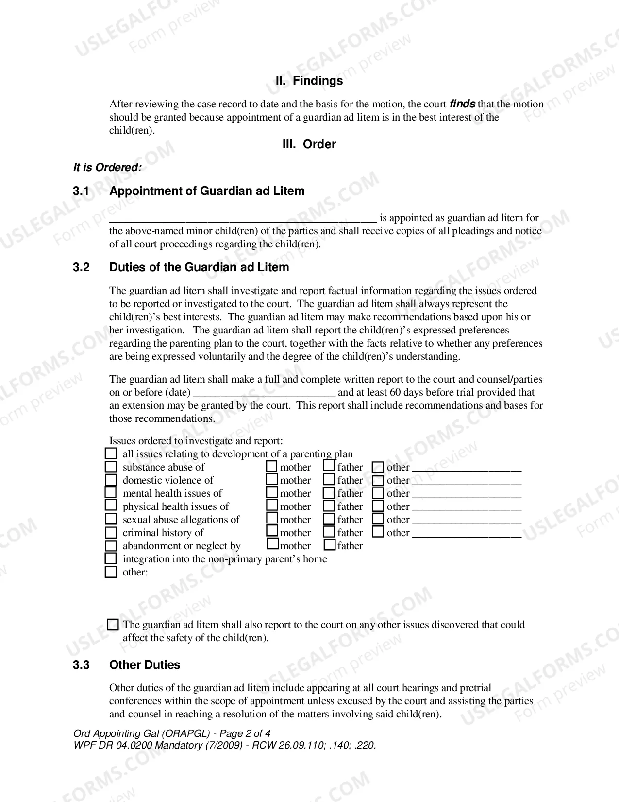 Preview WPF DR 04.0200 - Order Appointing Guardian ad Litem on Behalf of Minor - ORAPGL