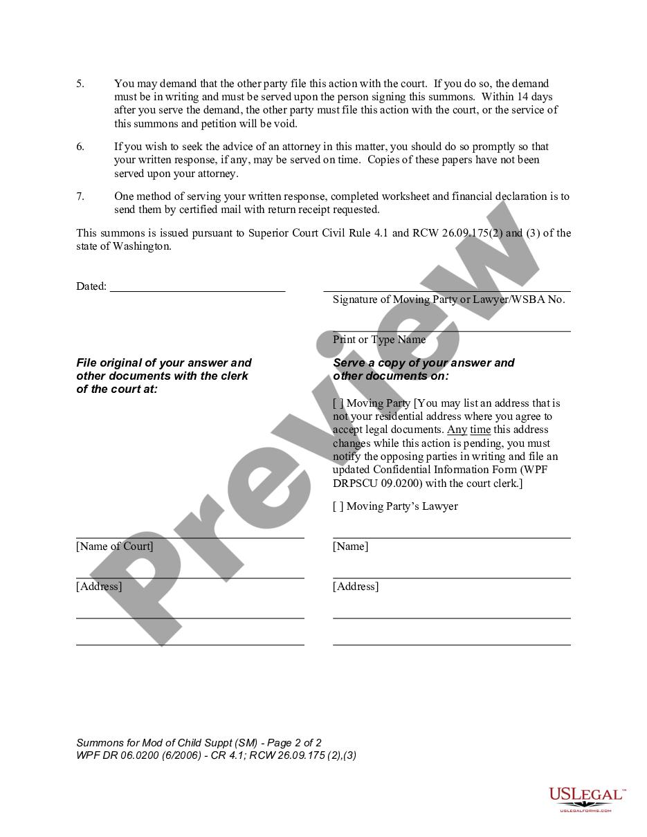 page 1 WPF DR 06.0200 - Summons for Modification of Child Support - SM preview