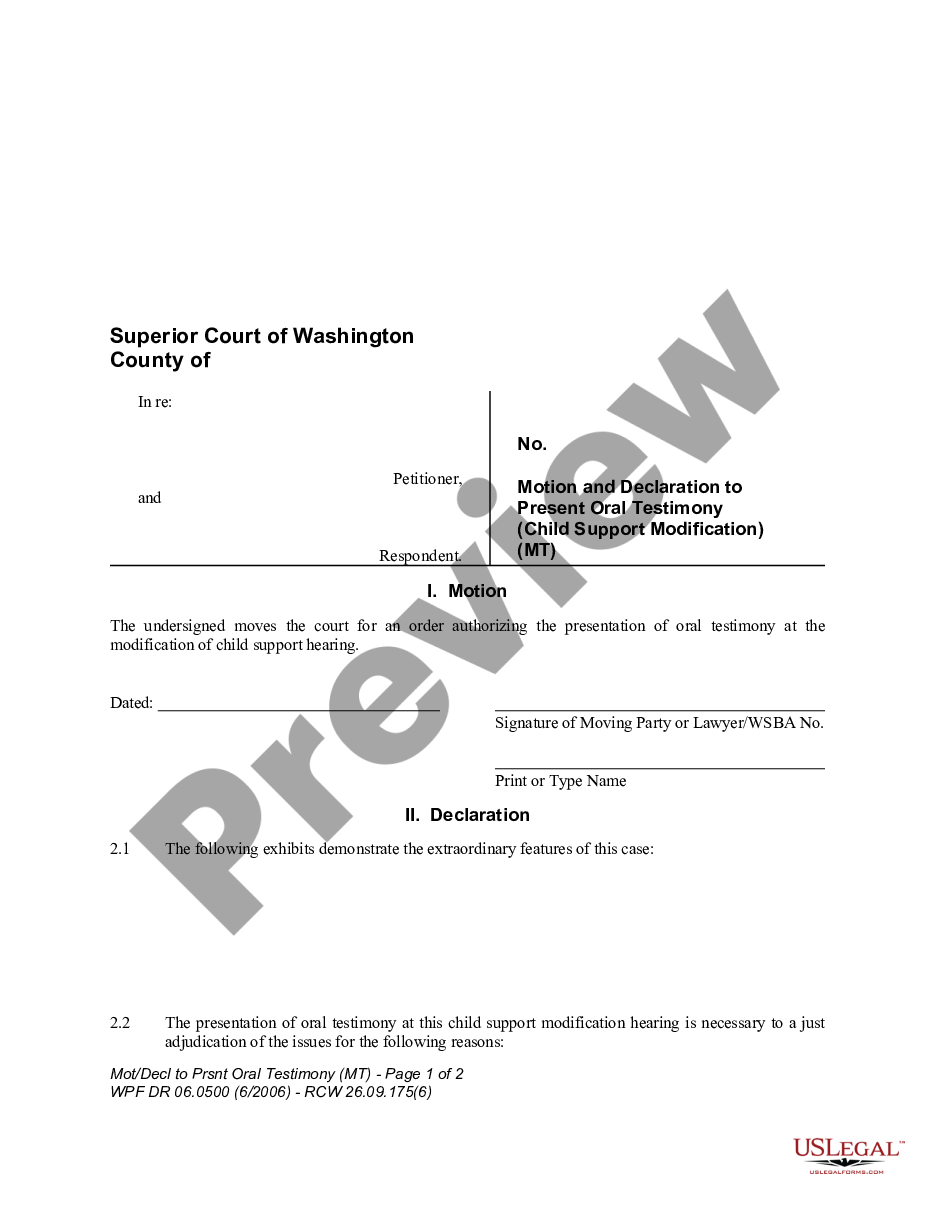 page 0 WPF DR 06.0500 - Motion and Declaration to Present Oral Testimony - Child Support Modification - MT preview