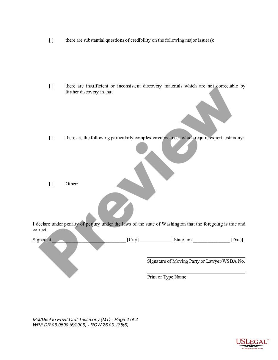 page 1 WPF DR 06.0500 - Motion and Declaration to Present Oral Testimony - Child Support Modification - MT preview