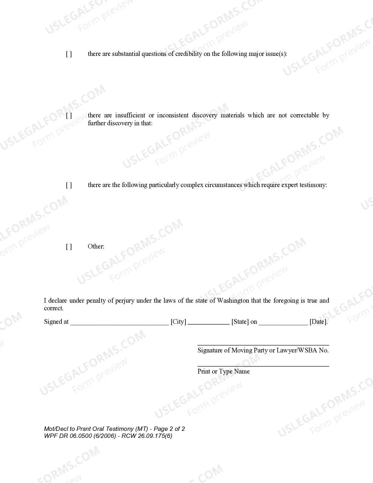 Preview WPF DR 06.0500 - Motion and Declaration to Present Oral Testimony - Child Support Modification - MT