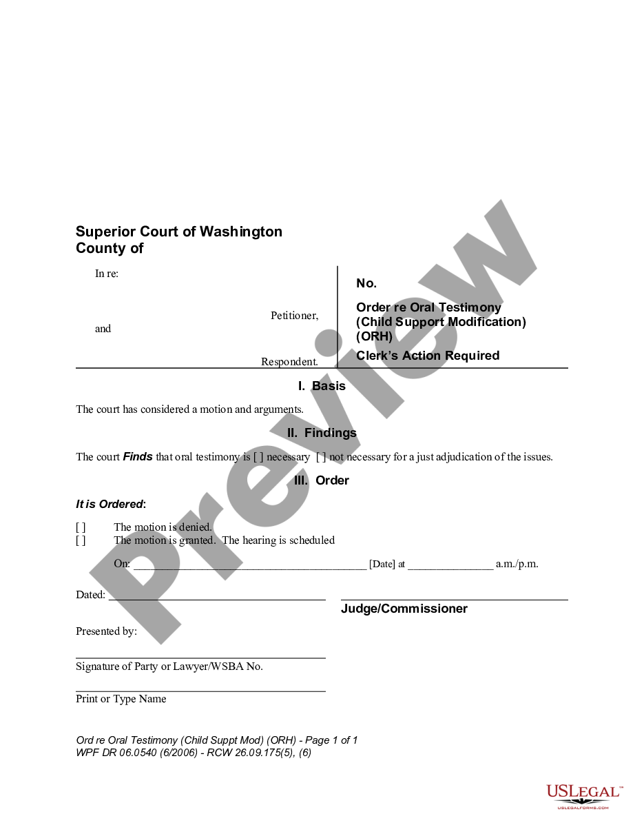 form WPF DR 06.0540 - Order regarding Oral Testimony - Child Support Modification - ORH preview