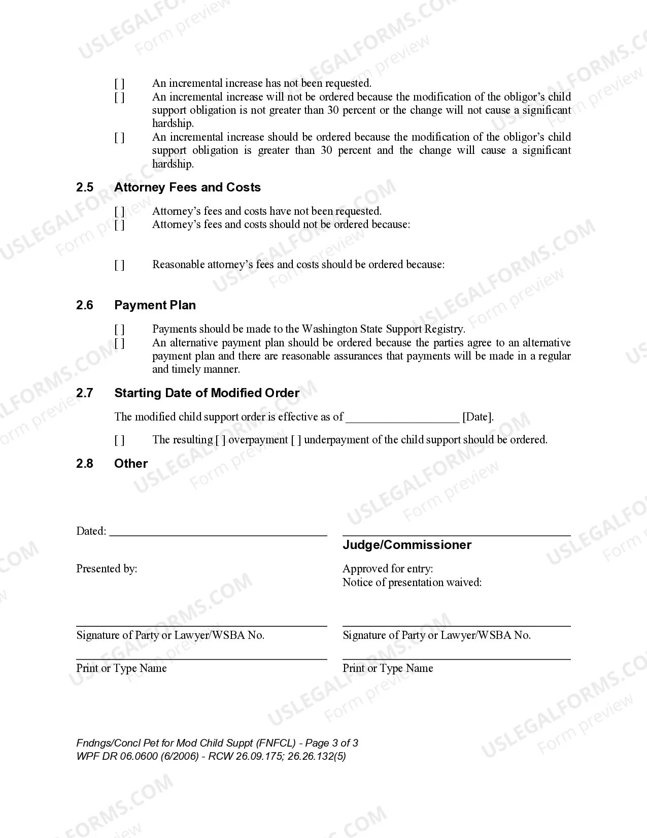 Preview WPF DR 06.0600 - Findings - Conclusions on Petition for Modification of Child Support