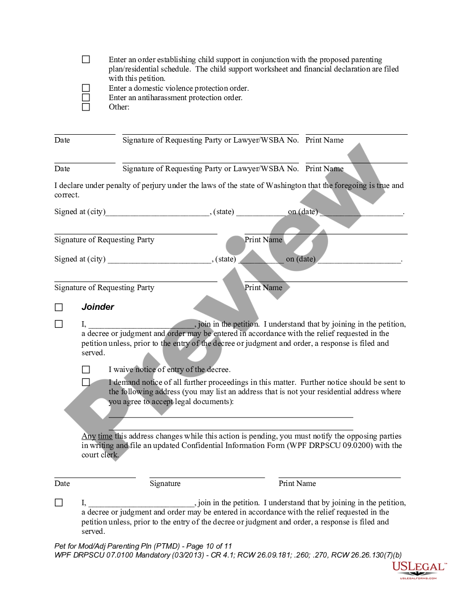 page 9 WPF DRPSCU 07.0100 - Petition for Modification, Amendment or Adjustment of Custody Decree - Parenting Plan - Residential Schedule - PTMD preview