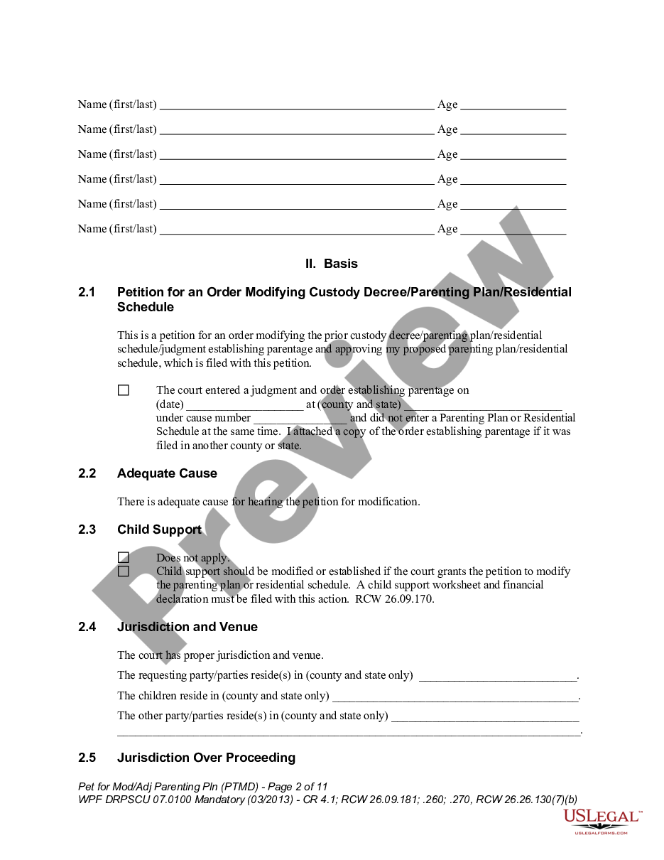 page 1 WPF DRPSCU 07.0100 - Petition for Modification, Amendment or Adjustment of Custody Decree - Parenting Plan - Residential Schedule - PTMD preview