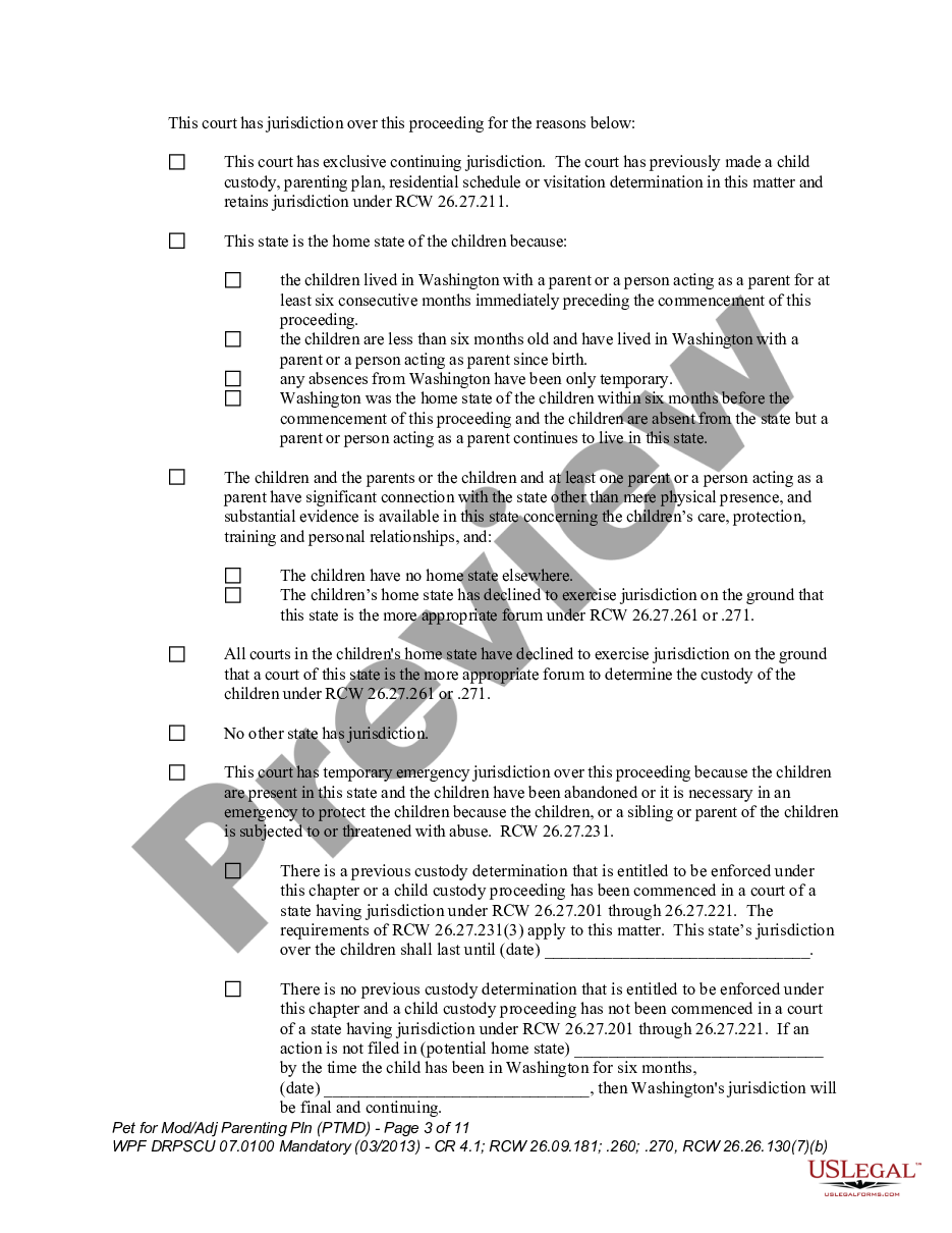 page 2 WPF DRPSCU 07.0100 - Petition for Modification, Amendment or Adjustment of Custody Decree - Parenting Plan - Residential Schedule - PTMD preview