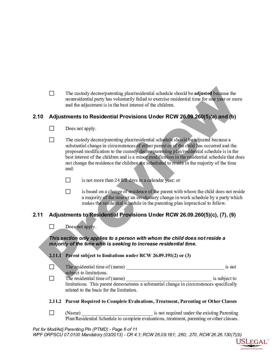 page 5 WPF DRPSCU 07.0100 - Petition for Modification, Amendment or Adjustment of Custody Decree - Parenting Plan - Residential Schedule - PTMD preview