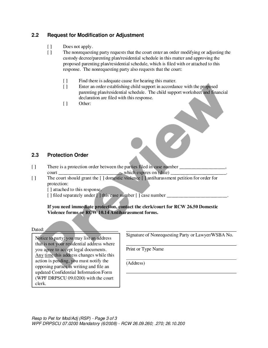 page 2 WPF DRPSCU 07.0200 - Response to Petition for Modification, Amendment or Adjustment of Custody Decree - Parenting Plan - Residential Schedule - RSP preview