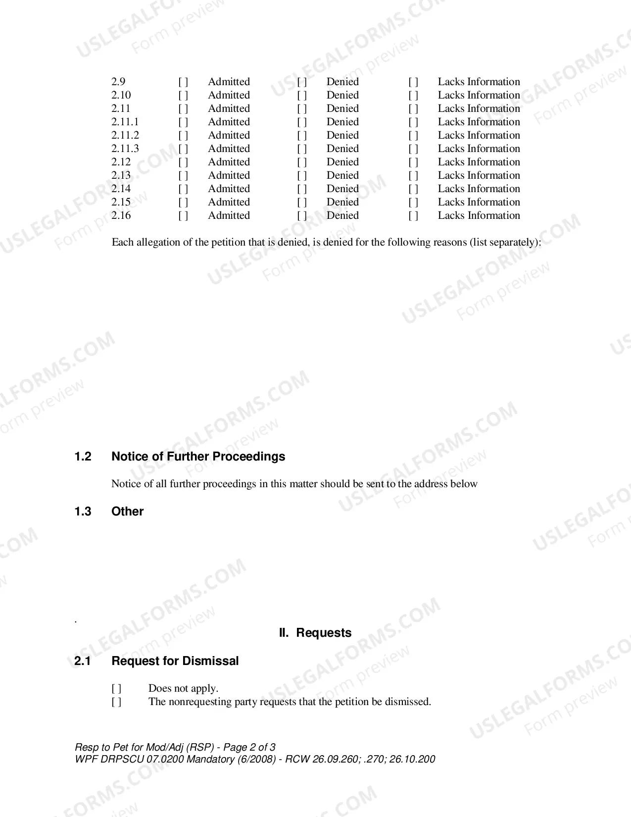 Preview WPF DRPSCU 07.0200 - Response to Petition for Modification, Amendment or Adjustment of Custody Decree - Parenting Plan - Residential Schedule - RSP