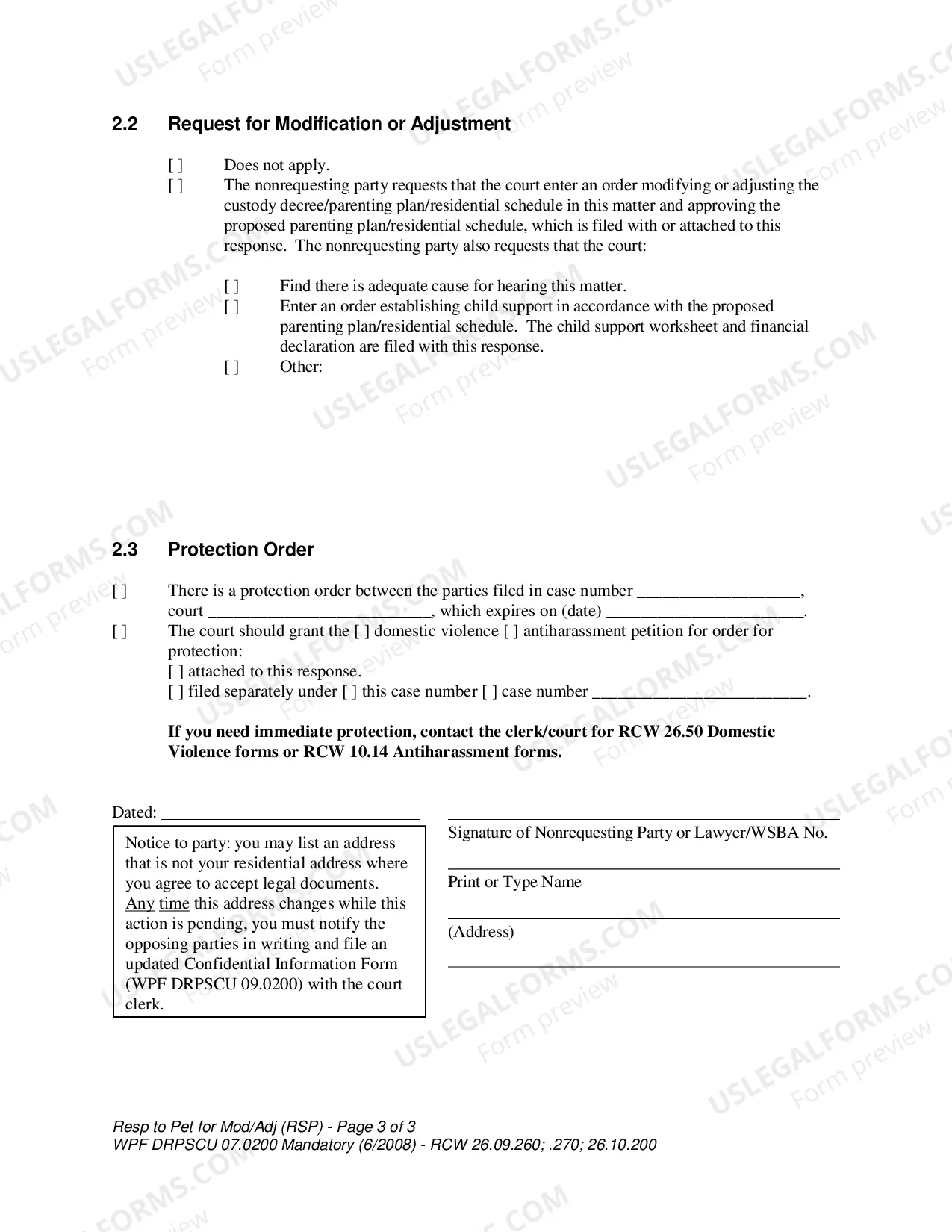 Preview WPF DRPSCU 07.0200 - Response to Petition for Modification, Amendment or Adjustment of Custody Decree - Parenting Plan - Residential Schedule - RSP