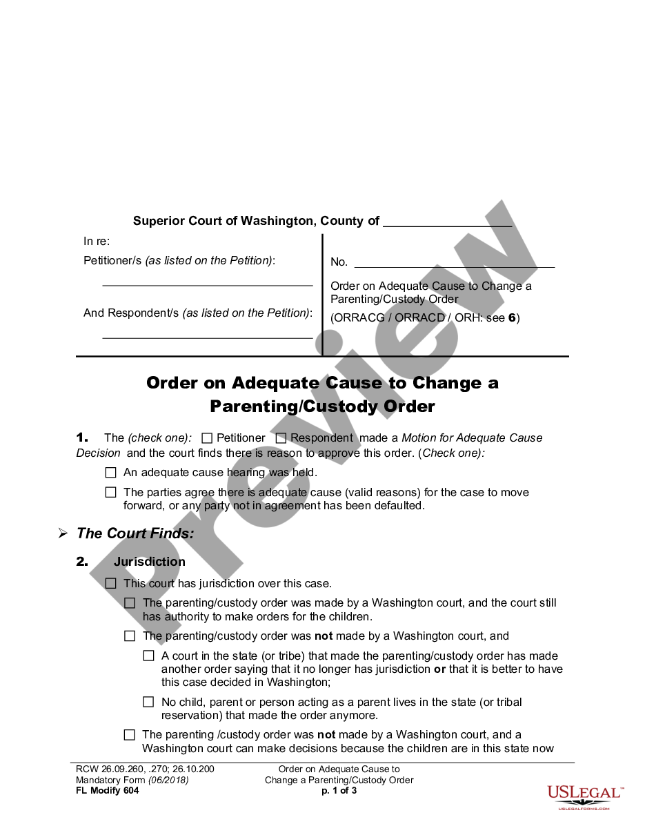 page 0 WPF DRPSCU 07.0300 - Order Re Adequate Cause - Modification, Amendment or Adjustment of Custody Decree - Parenting Plan - Residential Schedule - ORTSC preview