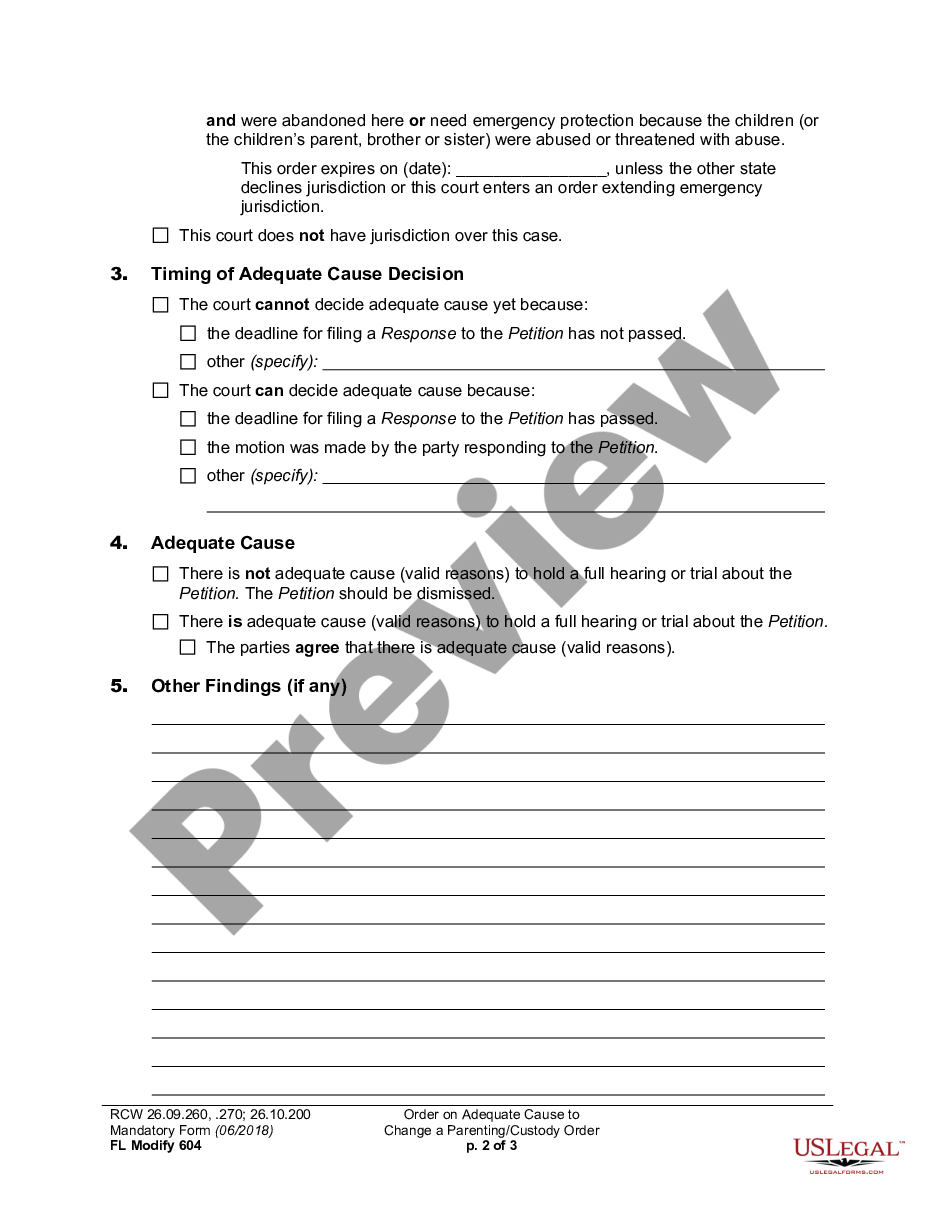 page 1 WPF DRPSCU 07.0300 - Order Re Adequate Cause - Modification, Amendment or Adjustment of Custody Decree - Parenting Plan - Residential Schedule - ORTSC preview
